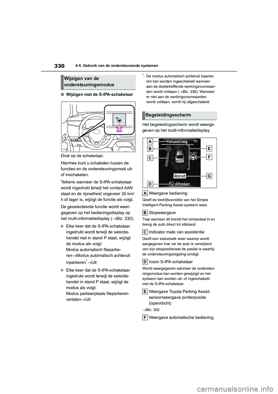 TOYOTA COROLLA HATCHBACK 2022 Instructieboekje (in Dutch) 3304-5. Gebruik van de ondersteunende systemen
■Wijzigen met de S-IPA-schakelaar
Druk op de schakelaar.
Hiermee kunt u schakelen tussen de
functies en de ondersteuningsmodi uit-
of inschakelen.
Te TOYOTA COROLLA HATCHBACK 2022 Instructieboekje (in Dutch) 3304-5. Gebruik van de ondersteunende systemen
■Wijzigen met de S-IPA-schakelaar
Druk op de schakelaar.
Hiermee kunt u schakelen tussen de
functies en de ondersteuningsmodi uit-
of inschakelen.
Te
