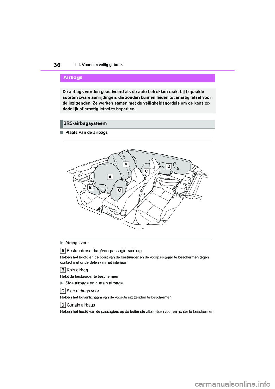 TOYOTA COROLLA HATCHBACK 2022 Instructieboekje (in Dutch) 361-1. Voor een veilig gebruik
■Plaats van de airbags
Airbags voor
Bestuurdersairbag/voorpassagiersairbag
Helpen het hoofd en de borst van de bestuurder en de voorpassagier te beschermen tegen
c TOYOTA COROLLA HATCHBACK 2022 Instructieboekje (in Dutch) 361-1. Voor een veilig gebruik
■Plaats van de airbags
Airbags voor
Bestuurdersairbag/voorpassagiersairbag
Helpen het hoofd en de borst van de bestuurder en de voorpassagier te beschermen tegen
c