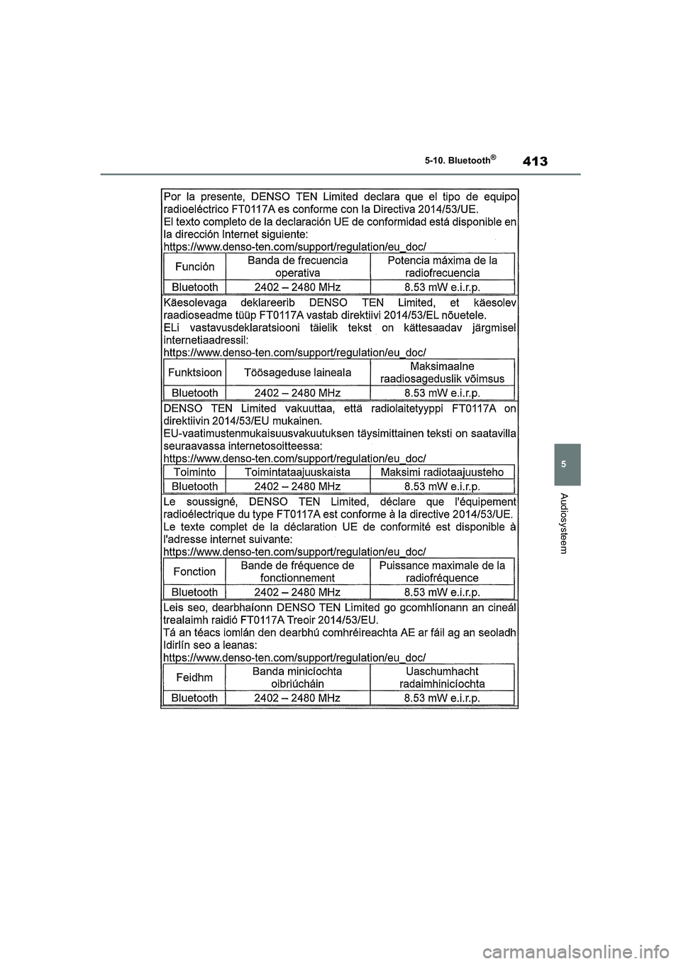 TOYOTA COROLLA HATCHBACK 2022  Instructieboekje (in Dutch) 413
5 5-10. Bluetooth
®
Audiosysteem
COROLLA (TMUK)_OM_Europe_OM12Q83E_1_2201.book  Page 413  Wednesday, October 20, 2021  10:58 AM 