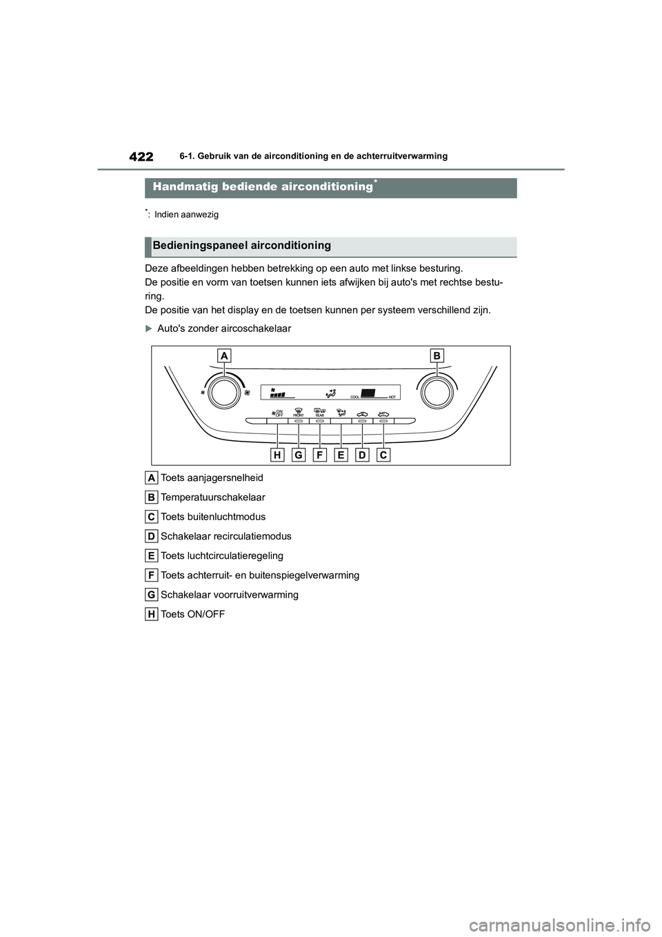 TOYOTA COROLLA HATCHBACK 2022 Instructieboekje (in Dutch) 4226-1. Gebruik van de airconditioning en de achterruitverwarming
6-1.Gebruik van de airconditioning en de achterruitverwarming
*: Indien aanwezig
Deze afbeeldingen hebben betrekking op een auto met l TOYOTA COROLLA HATCHBACK 2022 Instructieboekje (in Dutch) 4226-1. Gebruik van de airconditioning en de achterruitverwarming
6-1.Gebruik van de airconditioning en de achterruitverwarming
*: Indien aanwezig
Deze afbeeldingen hebben betrekking op een auto met l