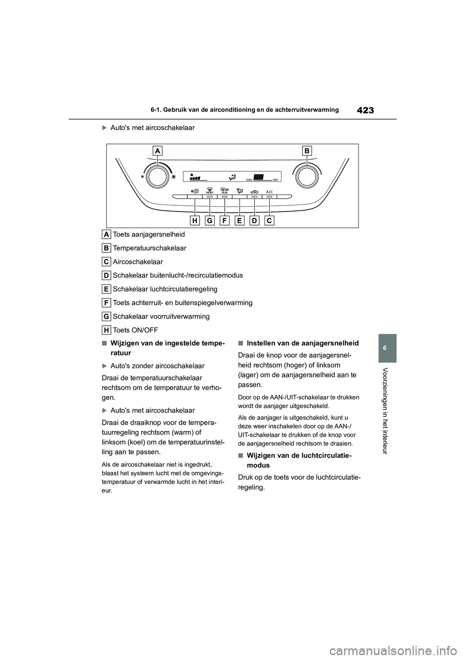 TOYOTA COROLLA HATCHBACK 2022 Instructieboekje (in Dutch) 423
6 6-1. Gebruik van de airconditioning en de achterruitverwarming
Voorzieningen in het interieur
Autos met aircoschakelaar
Toets aanjagersnelheid
Temperatuurschakelaar
Aircoschakelaar
Schakelaa TOYOTA COROLLA HATCHBACK 2022 Instructieboekje (in Dutch) 423
6 6-1. Gebruik van de airconditioning en de achterruitverwarming
Voorzieningen in het interieur
Autos met aircoschakelaar
Toets aanjagersnelheid
Temperatuurschakelaar
Aircoschakelaar
Schakelaa