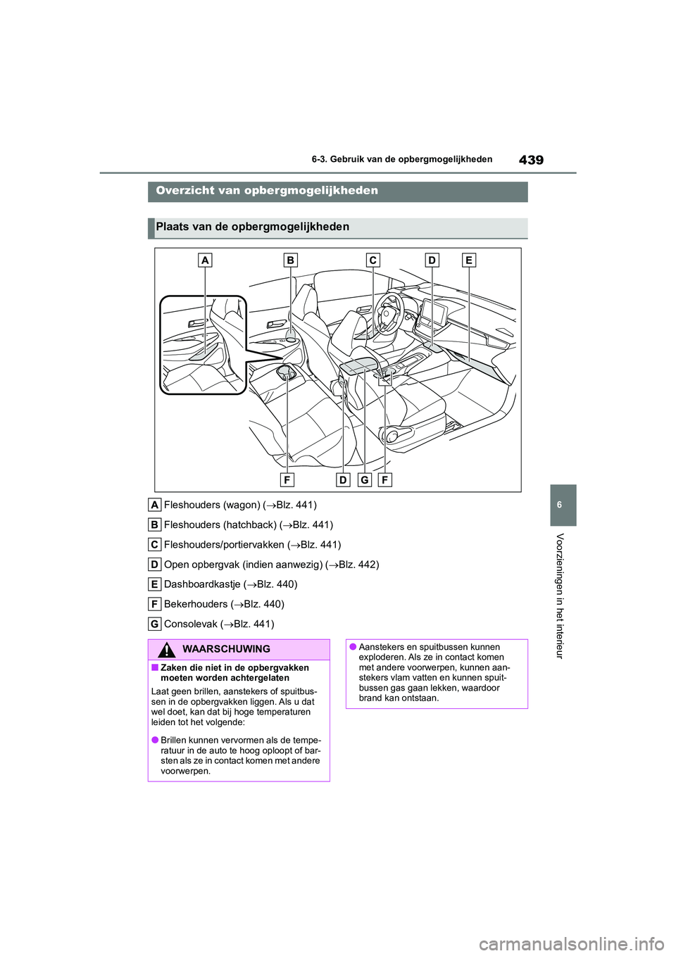 TOYOTA COROLLA HATCHBACK 2022 Instructieboekje (in Dutch) 439
6 6-3. Gebruik van de opbergmogelijkheden
Voorzieningen in het interieur
6-3.Gebruik van de opbergmogelijkheden
Fleshouders (wagon) (Blz. 441)
Fleshouders (hatchback) (Blz. 441)
Fleshouders/ TOYOTA COROLLA HATCHBACK 2022 Instructieboekje (in Dutch) 439
6 6-3. Gebruik van de opbergmogelijkheden
Voorzieningen in het interieur
6-3.Gebruik van de opbergmogelijkheden
Fleshouders (wagon) (Blz. 441)
Fleshouders (hatchback) (Blz. 441)
Fleshouders/
