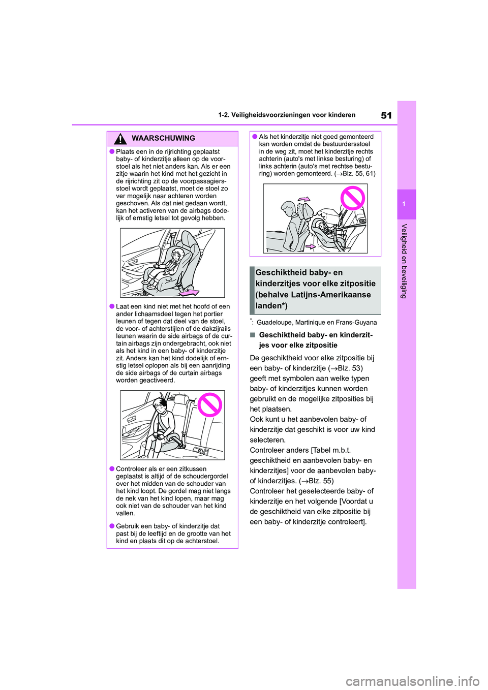 TOYOTA COROLLA HATCHBACK 2022  Instructieboekje (in Dutch) 51
1 1-2. Veiligheidsvoorzieningen voor kinderen
Veiligheid en beveiliging
*: Guadeloupe, Martinique en Frans-Guyana
■Geschiktheid baby- en kinderzit-
jes voor elke zitpositie
De geschiktheid voor e