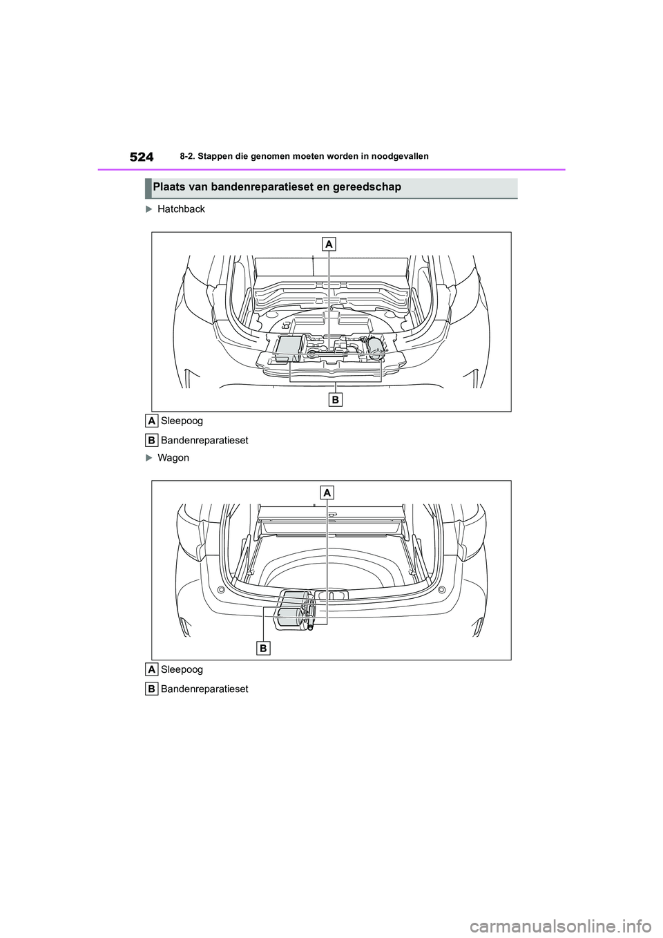 TOYOTA COROLLA HATCHBACK 2022 Instructieboekje (in Dutch) 5248-2. Stappen die genomen moeten worden in noodgevallen
Hatchback
Sleepoog
Bandenreparatieset
Wagon
Sleepoog
Bandenreparatieset
Plaats van bandenreparatieset en gereedschap
COROLLA (TMUK)_OM_ TOYOTA COROLLA HATCHBACK 2022 Instructieboekje (in Dutch) 5248-2. Stappen die genomen moeten worden in noodgevallen
Hatchback
Sleepoog
Bandenreparatieset
Wagon
Sleepoog
Bandenreparatieset
Plaats van bandenreparatieset en gereedschap
COROLLA (TMUK)_OM_