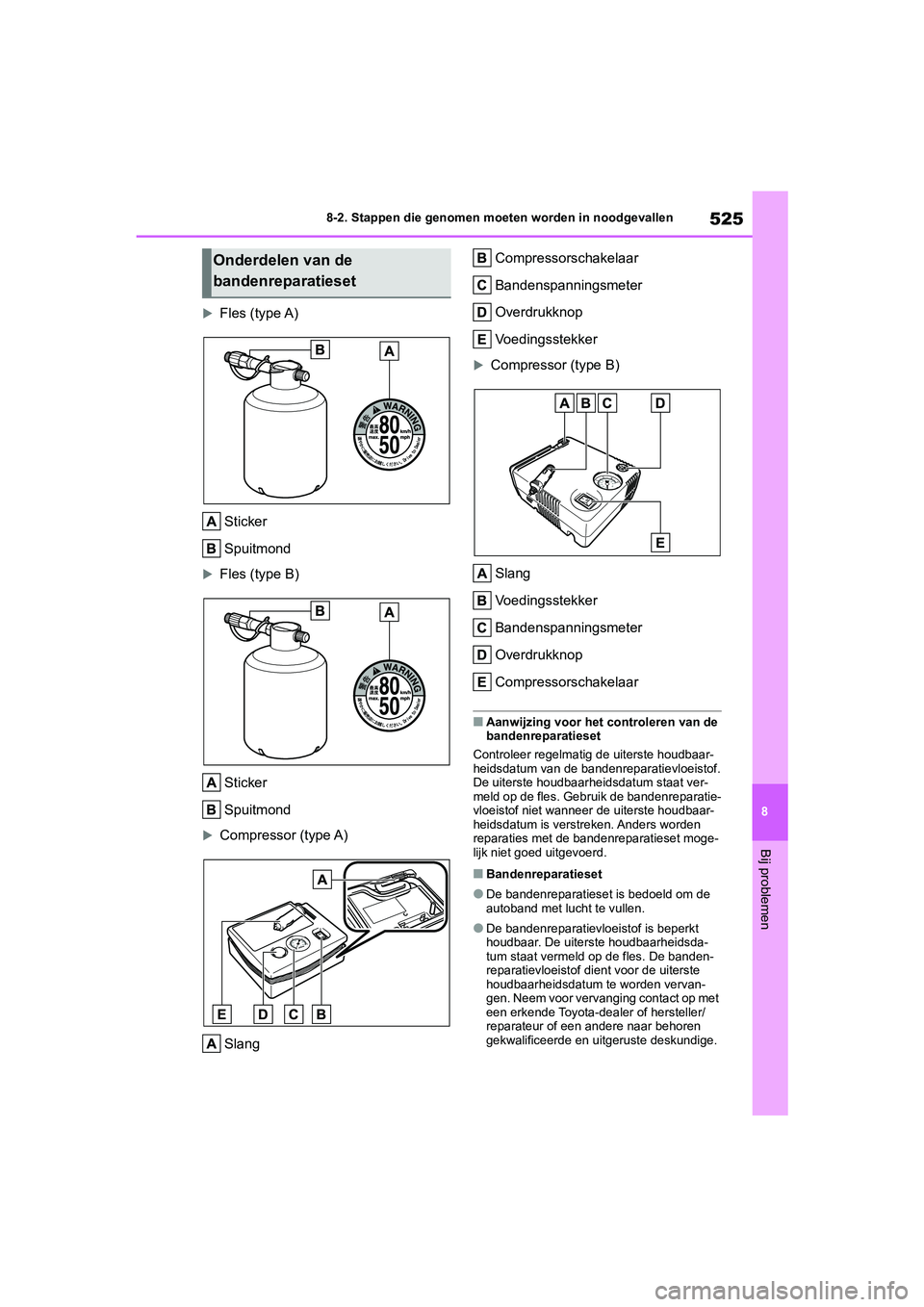 TOYOTA COROLLA HATCHBACK 2022 Instructieboekje (in Dutch) 525
8 8-2. Stappen die genomen moeten worden in noodgevallen
Bij problemen
Fles (type A)
Sticker
Spuitmond
Fles (type B)
Sticker
Spuitmond
Compressor (type A)
SlangCompressorschakelaar
Banden TOYOTA COROLLA HATCHBACK 2022 Instructieboekje (in Dutch) 525
8 8-2. Stappen die genomen moeten worden in noodgevallen
Bij problemen
Fles (type A)
Sticker
Spuitmond
Fles (type B)
Sticker
Spuitmond
Compressor (type A)
SlangCompressorschakelaar
Banden