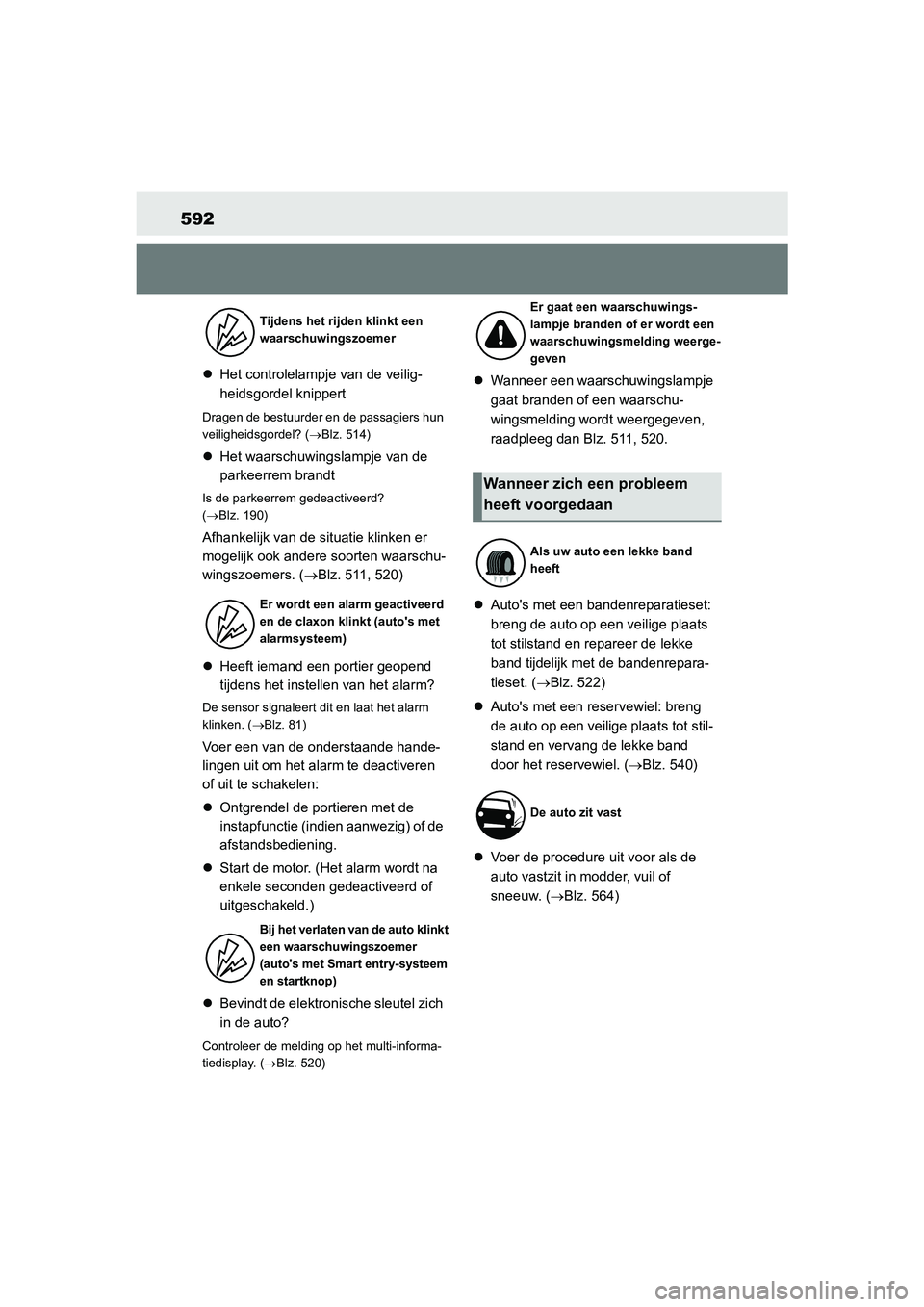 TOYOTA COROLLA HATCHBACK 2022 Instructieboekje (in Dutch) 592
Het controlelampje van de veilig-
heidsgordel knippert
Dragen de bestuurder en de passagiers hun
veiligheidsgordel? (Blz. 514)
Het waarschuwingslampje van de
parkeerrem brandt
Is de par TOYOTA COROLLA HATCHBACK 2022 Instructieboekje (in Dutch) 592
Het controlelampje van de veilig-
heidsgordel knippert
Dragen de bestuurder en de passagiers hun
veiligheidsgordel? (Blz. 514)
Het waarschuwingslampje van de
parkeerrem brandt
Is de par