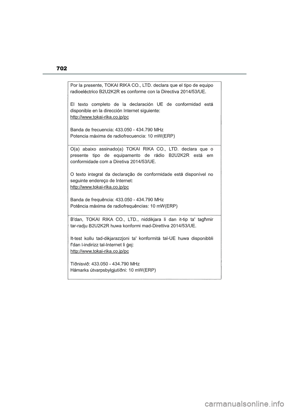 TOYOTA COROLLA HATCHBACK 2022 Instructieboekje (in Dutch) 702
COROLLA (TMUK)_OM_Europe_OM12Q83E_1_2201.book Page 702 Wednesday, October 20, 2021 10:58 AM TOYOTA COROLLA HATCHBACK 2022 Instructieboekje (in Dutch) 702
COROLLA (TMUK)_OM_Europe_OM12Q83E_1_2201.book Page 702 Wednesday, October 20, 2021 10:58 AM