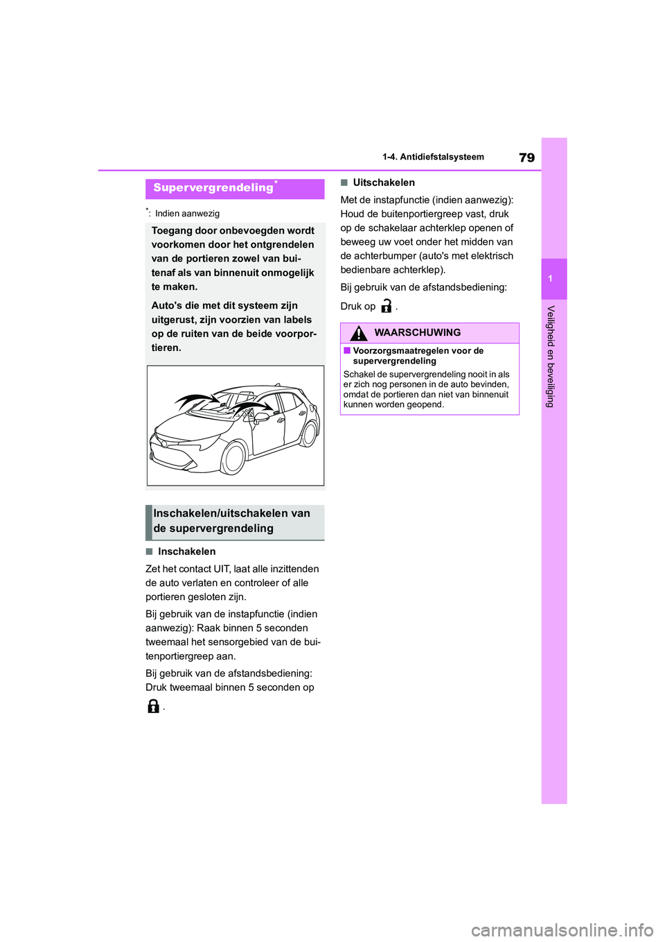 TOYOTA COROLLA HATCHBACK 2022 Instructieboekje (in Dutch) 79
1 1-4. Antidiefstalsysteem
Veiligheid en beveiliging
*: Indien aanwezig
■Inschakelen
Zet het contact UIT, laat alle inzittenden
de auto verlaten en controleer of alle
portieren gesloten zijn.
B TOYOTA COROLLA HATCHBACK 2022 Instructieboekje (in Dutch) 79
1 1-4. Antidiefstalsysteem
Veiligheid en beveiliging
*: Indien aanwezig
■Inschakelen
Zet het contact UIT, laat alle inzittenden
de auto verlaten en controleer of alle
portieren gesloten zijn.
B