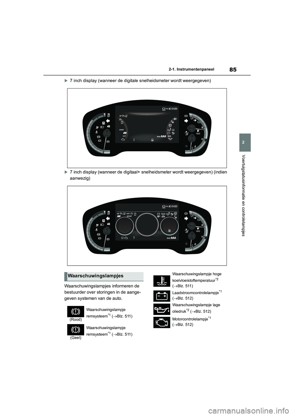 TOYOTA COROLLA HATCHBACK 2022 Instructieboekje (in Dutch) 85
2 2-1. Instrumentenpaneel
Voertuigstatusinformatie en controlelampjes
7 inch display (wanneer de digitale snelheidsmeter wordt weergegeven)
7 inch display (wanneer de digitaal+ snelheidsmeter TOYOTA COROLLA HATCHBACK 2022 Instructieboekje (in Dutch) 85
2 2-1. Instrumentenpaneel
Voertuigstatusinformatie en controlelampjes
7 inch display (wanneer de digitale snelheidsmeter wordt weergegeven)
7 inch display (wanneer de digitaal+ snelheidsmeter