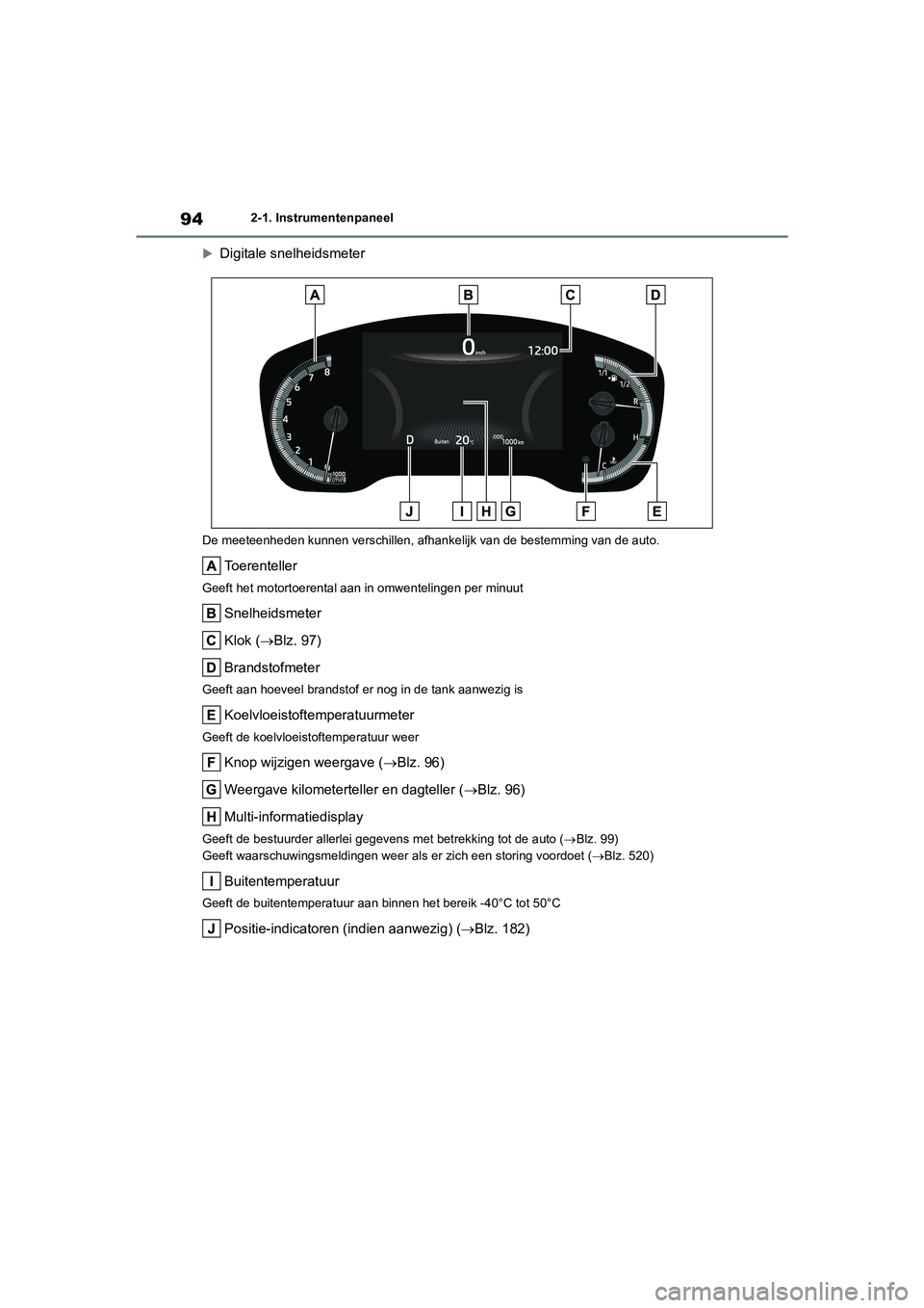 TOYOTA COROLLA HATCHBACK 2022 Instructieboekje (in Dutch) 942-1. Instrumentenpaneel
Digitale snelheidsmeter
De meeteenheden kunnen verschillen, afhankelijk van de bestemming van de auto.
Toerenteller
Geeft het motortoerental aan in omwentelingen per minu TOYOTA COROLLA HATCHBACK 2022 Instructieboekje (in Dutch) 942-1. Instrumentenpaneel
Digitale snelheidsmeter
De meeteenheden kunnen verschillen, afhankelijk van de bestemming van de auto.
Toerenteller
Geeft het motortoerental aan in omwentelingen per minu