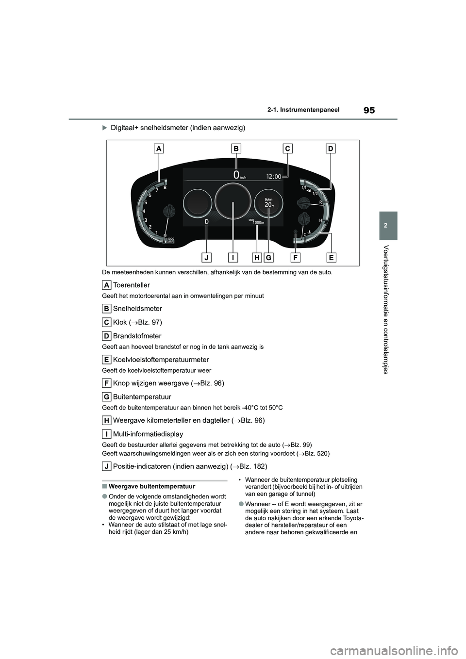 TOYOTA COROLLA HATCHBACK 2022 Instructieboekje (in Dutch) 95
2 2-1. Instrumentenpaneel
Voertuigstatusinformatie en controlelampjes
Digitaal+ snelheidsmeter (indien aanwezig)
De meeteenheden kunnen verschillen, afhankelijk van de bestemming van de auto.
To TOYOTA COROLLA HATCHBACK 2022 Instructieboekje (in Dutch) 95
2 2-1. Instrumentenpaneel
Voertuigstatusinformatie en controlelampjes
Digitaal+ snelheidsmeter (indien aanwezig)
De meeteenheden kunnen verschillen, afhankelijk van de bestemming van de auto.
To