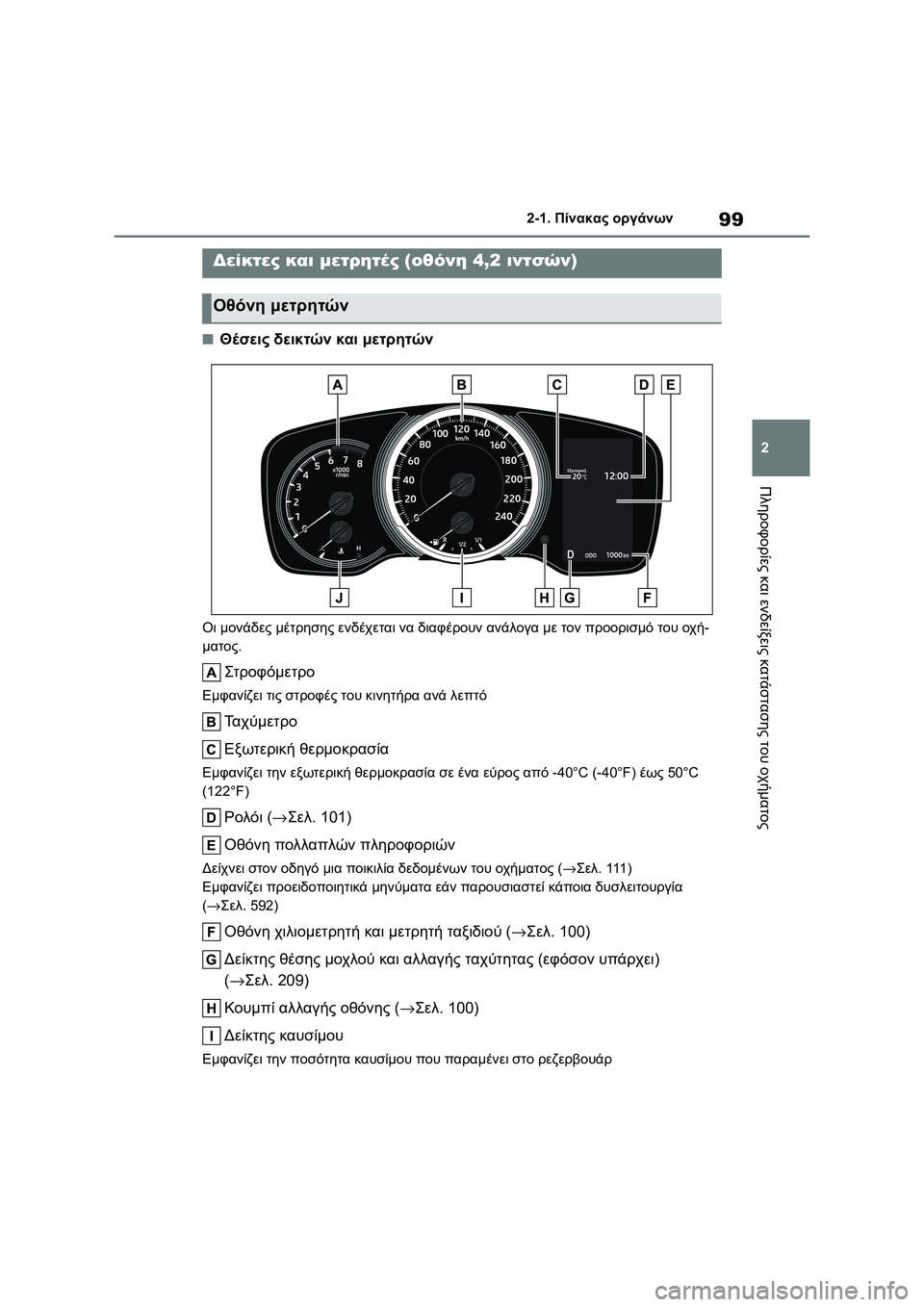 TOYOTA COROLLA HATCHBACK 2022 ΟΔΗΓΌΣ ΧΡΉΣΗΣ (in Greek) 99
2 2-1. Πίνακας οργάνων
Πληροφορίες και ενδείξεις κατάστασης του οχήματος
■Θέσεις δεικτών και μετρητών
Οι μον TOYOTA COROLLA HATCHBACK 2022 ΟΔΗΓΌΣ ΧΡΉΣΗΣ (in Greek) 99
2 2-1. Πίνακας οργάνων
Πληροφορίες και ενδείξεις κατάστασης του οχήματος
■Θέσεις δεικτών και μετρητών
Οι μον