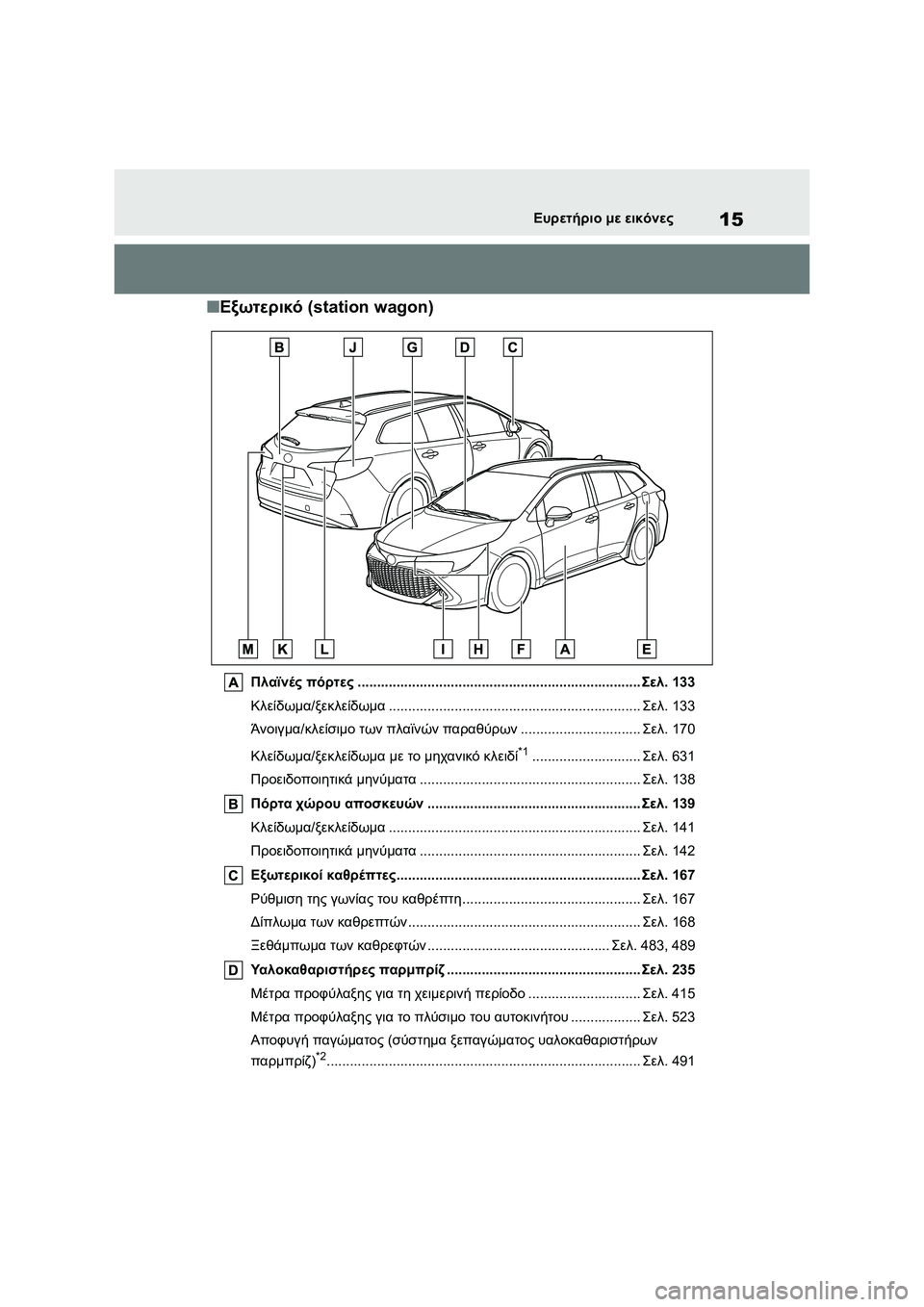 TOYOTA COROLLA HATCHBACK 2022 ΟΔΗΓΌΣ ΧΡΉΣΗΣ (in Greek) 15Ευρετήριο με εικόνες
■Εξωτερικό (station wagon)
Πλαϊνές πόρτες.........................................................................Σελ.133
Κλείδ TOYOTA COROLLA HATCHBACK 2022 ΟΔΗΓΌΣ ΧΡΉΣΗΣ (in Greek) 15Ευρετήριο με εικόνες
■Εξωτερικό (station wagon)
Πλαϊνές πόρτες.........................................................................Σελ.133
Κλείδ