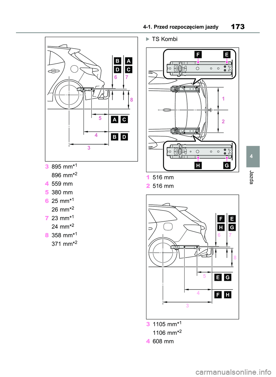 TOYOTA COROLLA HATCHBACK 2022  Instrukcja obsługi (in Polish) 3895 mm*1
896 mm*2
4559 mm
5380 mm
625 mm*
1
26 mm*2
723 mm*1
24 mm*2
8358 mm*1
371 mm*2
óTS Kombi
1516 mm
2516 mm
31105 mm*
1
1106 mm*2
4608 mm
Jazda
4-1. Przed rozpocz´ciem jazdy173
4
65 Corolla T