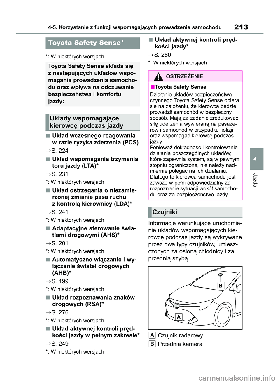 TOYOTA COROLLA HATCHBACK 2022  Instrukcja obsługi (in Polish) *: W niektórych wersjach
Uk∏ad wczesnego reagowania
w razie ryzyka zderzenia (PCS)
S. 224
Uk∏ad wspomagania trzymania
toru jazdy (LTA)*
S. 231
*: W niektórych wersjach
Uk∏ad ostrzegania o ni