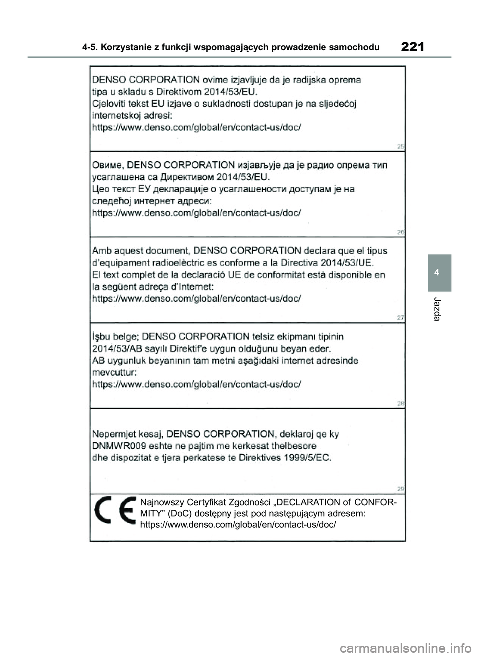 TOYOTA COROLLA HATCHBACK 2022 Instrukcja obsługi (in Polish) Jazda
4-5. Korzystanie z funkcji wspomagajàcych prowadzenie samochodu221
4
Najnowszy Cer tyfikat ZgodnoÊci „DECLARATION of CONFOR-
MITY” (DoC) dost´pny jest pod nast´pujàcym adresem:
https:// TOYOTA COROLLA HATCHBACK 2022 Instrukcja obsługi (in Polish) Jazda
4-5. Korzystanie z funkcji wspomagajàcych prowadzenie samochodu221
4
Najnowszy Cer tyfikat ZgodnoÊci „DECLARATION of CONFOR-
MITY” (DoC) dost´pny jest pod nast´pujàcym adresem:
https://