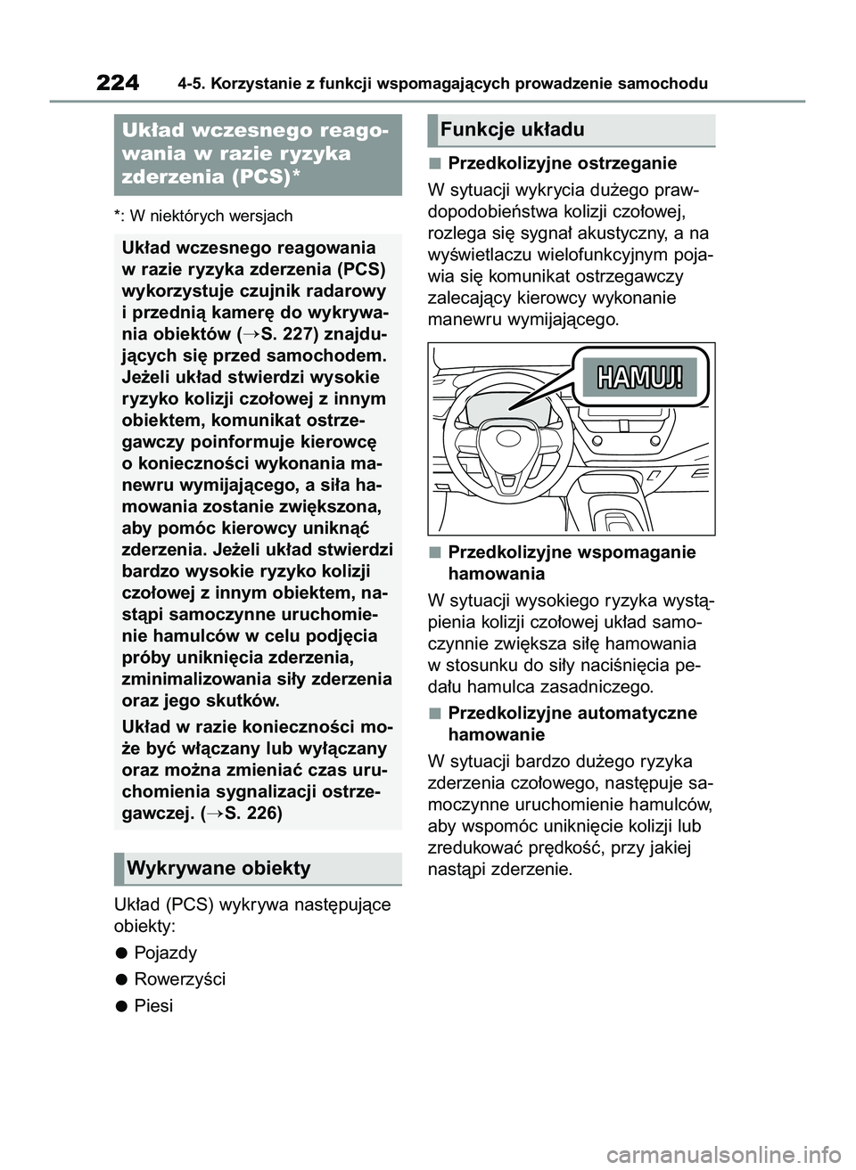 TOYOTA COROLLA HATCHBACK 2022 Instrukcja obsługi (in Polish) *: W niektórych wersjach
Uk∏ad (PCS) wykrywa nast´pujàce
obiekty:
Pojazdy
RowerzyÊci
PiesiPrzedkolizyjne ostrzeganie
W sytuacji wykrycia du˝ego praw-
dopodobieƒstwa kolizji czo∏owej,
rozlega TOYOTA COROLLA HATCHBACK 2022 Instrukcja obsługi (in Polish) *: W niektórych wersjach
Uk∏ad (PCS) wykrywa nast´pujàce
obiekty:
Pojazdy
RowerzyÊci
PiesiPrzedkolizyjne ostrzeganie
W sytuacji wykrycia du˝ego praw-
dopodobieƒstwa kolizji czo∏owej,
rozlega