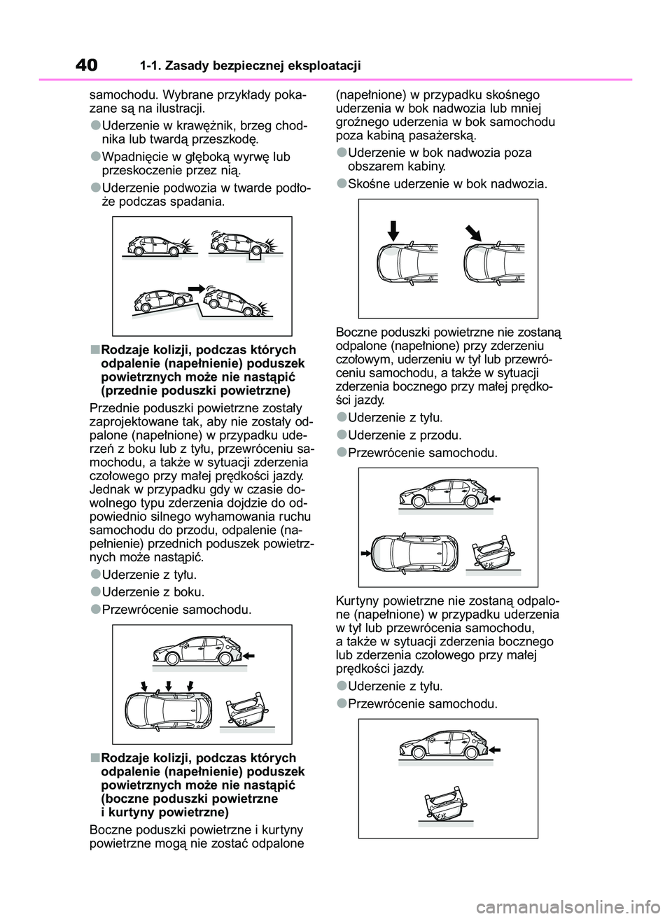 TOYOTA COROLLA HATCHBACK 2022 Instrukcja obsługi (in Polish) samochodu. Wybrane przyk∏ady poka-
zane sà na ilustracji.
Uderzenie w kraw´˝nik, brzeg chod-
nika lub twardà przeszkod´.
Wpadni´cie w g∏´bokà wyrw´ lub
przeskoczenie przez nià.
Uderzenie TOYOTA COROLLA HATCHBACK 2022 Instrukcja obsługi (in Polish) samochodu. Wybrane przyk∏ady poka-
zane sà na ilustracji.
Uderzenie w kraw´˝nik, brzeg chod-
nika lub twardà przeszkod´.
Wpadni´cie w g∏´bokà wyrw´ lub
przeskoczenie przez nià.
Uderzenie