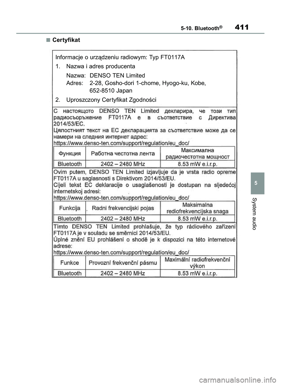 TOYOTA COROLLA HATCHBACK 2022  Instrukcja obsługi (in Polish) Certyfikat
System audio
5-10. Bluetooth®411
5
Informacje o urzàdzeniu radiowym: Typ FT0117A
1. Nazwa i adres producenta
Nazwa: DENSO TEN Limited
Adres: 2-28, Gosho-dori 1-chome, Hyogo-ku, Kobe, 
652