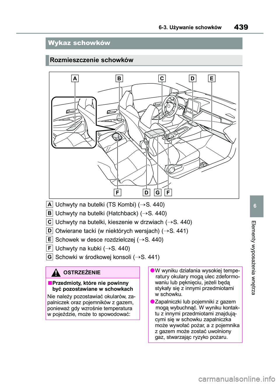 TOYOTA COROLLA HATCHBACK 2022  Instrukcja obsługi (in Polish) Uchwyty na butelki (TS Kombi) (S. 440)
Uchwyty na butelki (Hatchback) (
S. 440)
Uchwyty na butelki, kieszenie w drzwiach (
S. 440)
Otwierane tacki (w niektórych wersjach) (
S. 441)
Schowek w desc