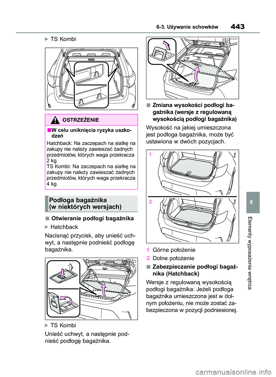 TOYOTA COROLLA HATCHBACK 2022  Instrukcja obsługi (in Polish) óTS Kombi
Otwieranie pod∏ogi baga˝nika
óHatchback
Nacisnàç przycisk, aby unieÊç uch-
wyt, a nast´pnie podnieÊç pod∏og´
baga˝nika.
óTS Kombi
UnieÊç uchwyt, a nast´pnie pod-
nieÊç 