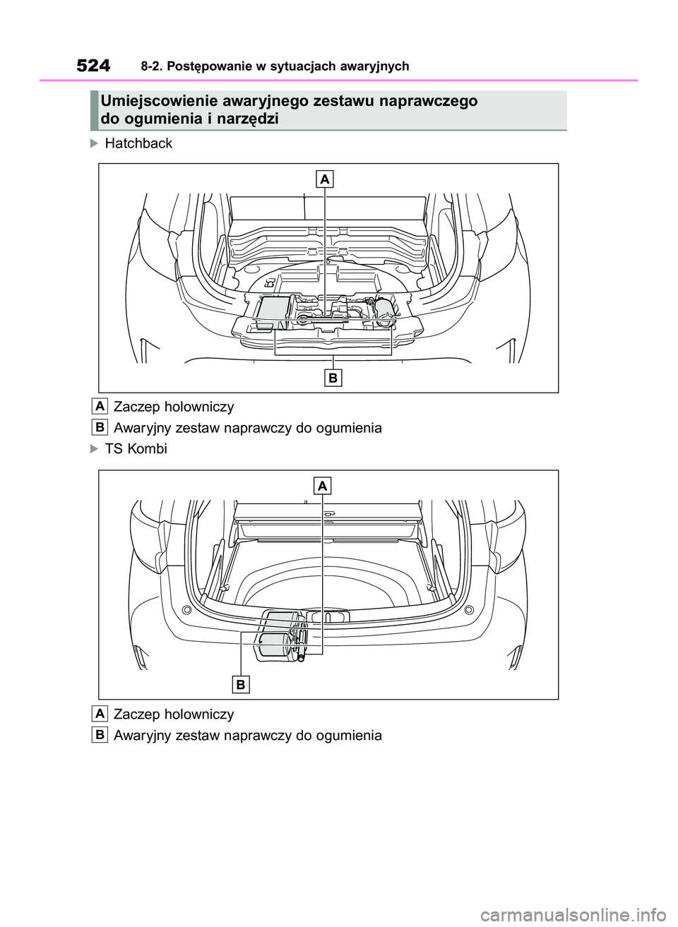 TOYOTA COROLLA HATCHBACK 2022 Instrukcja obsługi (in Polish) óHatchback
Zaczep holowniczy
Awaryjny zestaw naprawczy do ogumienia
óTS Kombi
Zaczep holowniczy
Awaryjny zestaw naprawczy do ogumienia
B
A
B
A
5248-2. Post´powanie w sytuacjach awaryjnych
Umiejscow TOYOTA COROLLA HATCHBACK 2022 Instrukcja obsługi (in Polish) óHatchback
Zaczep holowniczy
Awaryjny zestaw naprawczy do ogumienia
óTS Kombi
Zaczep holowniczy
Awaryjny zestaw naprawczy do ogumienia
B
A
B
A
5248-2. Post´powanie w sytuacjach awaryjnych
Umiejscow