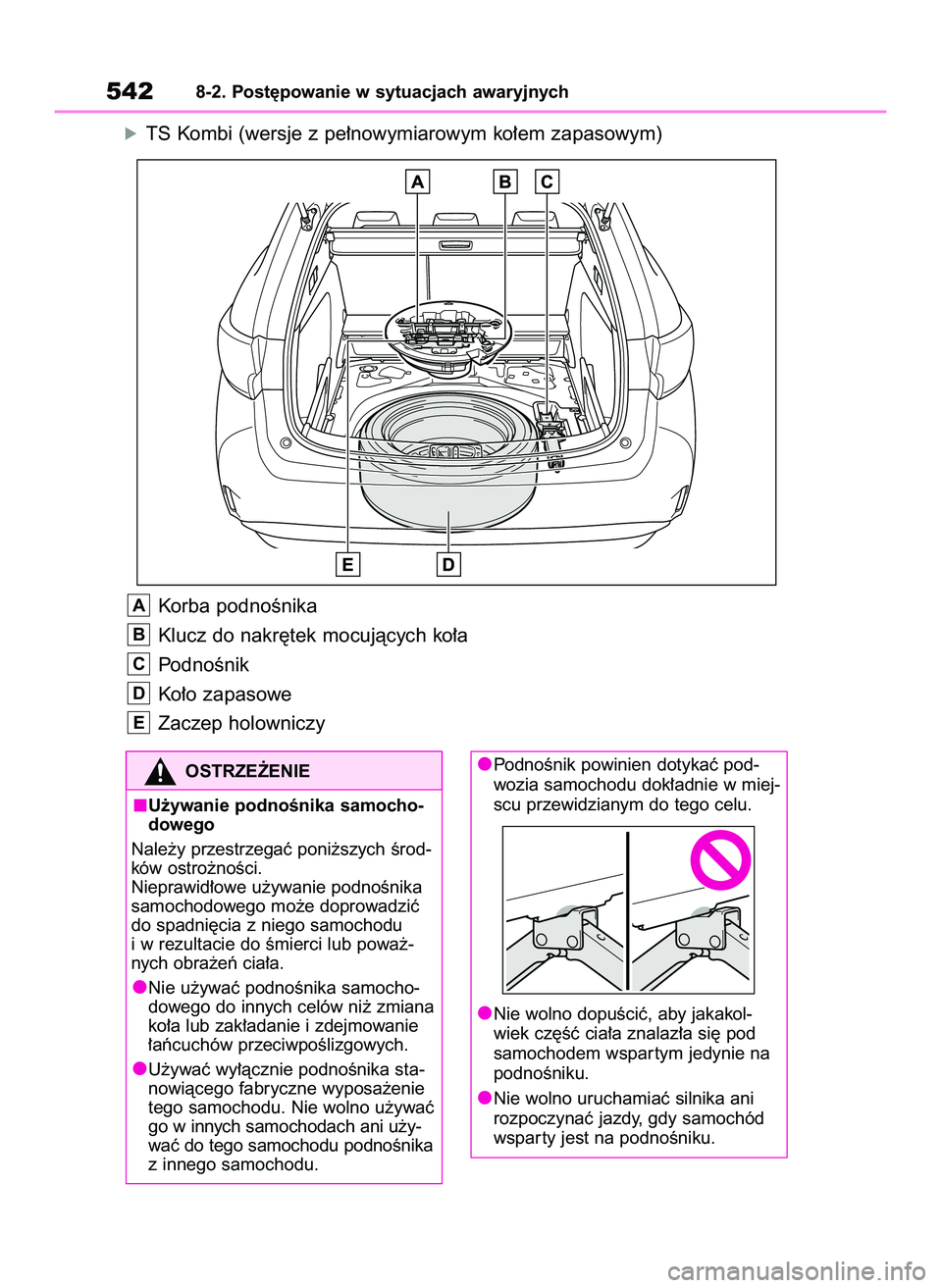 TOYOTA COROLLA HATCHBACK 2022 Instrukcja obsługi (in Polish) óTS Kombi (wersje z pe∏nowymiarowym ko∏em zapasowym)
Korba podnoÊnika
Klucz do nakr´tek mocujàcych ko∏a
PodnoÊnik
Ko∏o zapasowe
Zaczep holowniczy
E
D
C
B
A
5428-2. Post´powanie w sytuacj TOYOTA COROLLA HATCHBACK 2022 Instrukcja obsługi (in Polish) óTS Kombi (wersje z pe∏nowymiarowym ko∏em zapasowym)
Korba podnoÊnika
Klucz do nakr´tek mocujàcych ko∏a
PodnoÊnik
Ko∏o zapasowe
Zaczep holowniczy
E
D
C
B
A
5428-2. Post´powanie w sytuacj