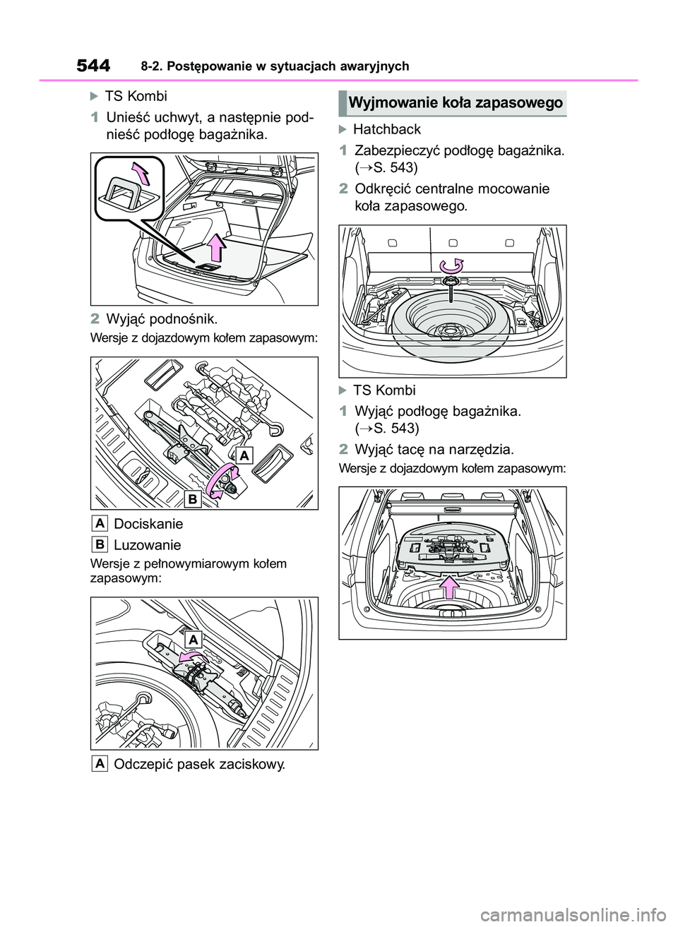 TOYOTA COROLLA HATCHBACK 2022 Instrukcja obsługi (in Polish) óTS Kombi
1UnieÊç uchwyt, a nast´pnie pod-
nieÊç pod∏og´ baga˝nika.
2Wyjàç podnoÊnik.
Wersje z dojazdowym ko∏em zapasowym:
Dociskanie
Luzowanie
Wersje z pe∏nowymiarowym ko∏em
zapas TOYOTA COROLLA HATCHBACK 2022 Instrukcja obsługi (in Polish) óTS Kombi
1UnieÊç uchwyt, a nast´pnie pod-
nieÊç pod∏og´ baga˝nika.
2Wyjàç podnoÊnik.
Wersje z dojazdowym ko∏em zapasowym:
Dociskanie
Luzowanie
Wersje z pe∏nowymiarowym ko∏em
zapas