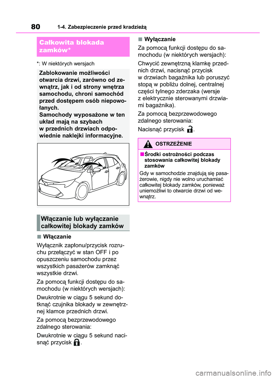 TOYOTA COROLLA HATCHBACK 2022  Instrukcja obsługi (in Polish) *: W niektórych wersjach
W∏àczanie
Wy∏àcznik zap∏onu/przycisk rozru-
chu prze∏àczyç w stan OFF i po
opuszczeniu samochodu przez
wszystkich pasa˝erów zamknàç
wszystkie drzwi.
Za pomoc