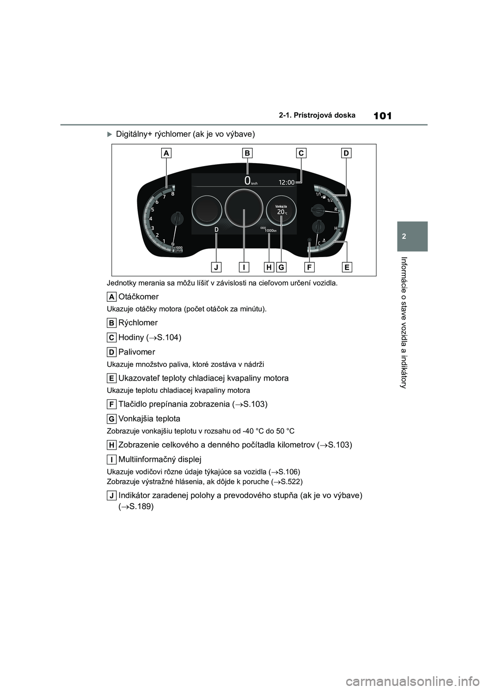 TOYOTA COROLLA HATCHBACK 2022 Návod na použitie (in Slovakian) 101
2
2-1. Prístrojová doska
Informácie o stave vozidla a indikátory
Digitálny+ rýchlomer (ak je vo výbave)
Jednotky merania sa môžu líšiť v závislosti na cieľovom určení vozidla. TOYOTA COROLLA HATCHBACK 2022 Návod na použitie (in Slovakian) 101
2
2-1. Prístrojová doska
Informácie o stave vozidla a indikátory
Digitálny+ rýchlomer (ak je vo výbave)
Jednotky merania sa môžu líšiť v závislosti na cieľovom určení vozidla.