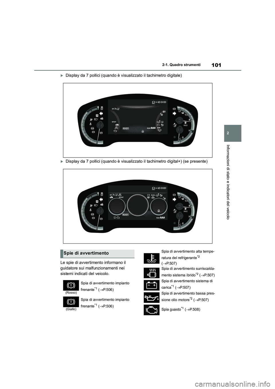 TOYOTA COROLLA HATCHBACK 2022  Manuale duso (in Italian) 101
2 
2-1. Quadro strumenti
Informazioni di stato e indicatori del veicolo
Display da 7 pollici (quando è visualizzato il tachimetro digitale)
Display da 7 pollici (quando è visualizzato il t