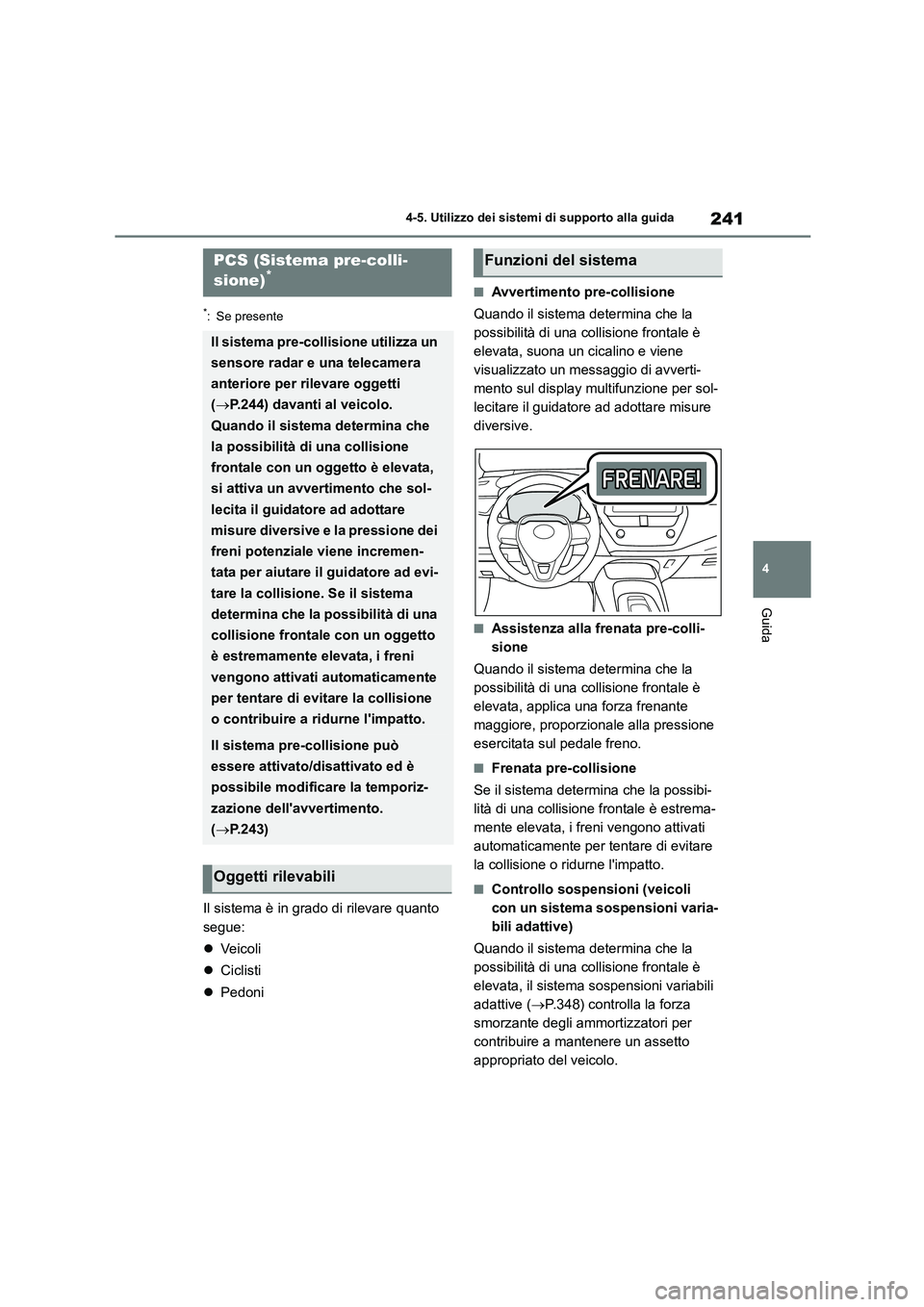 TOYOTA COROLLA HATCHBACK 2022 Manuale duso (in Italian) 241
4
4-5. Utilizzo dei sistemi di supporto alla guida
Guida
*: Se presente
Il sistema è in grado di rilevare quanto
segue:
Ve i c o l i
Ciclisti
Pedoni
■Avvertimento pre-collisio TOYOTA COROLLA HATCHBACK 2022 Manuale duso (in Italian) 241
4
4-5. Utilizzo dei sistemi di supporto alla guida
Guida
*: Se presente
Il sistema è in grado di rilevare quanto
segue:
Ve i c o l i
Ciclisti
Pedoni
■Avvertimento pre-collisio