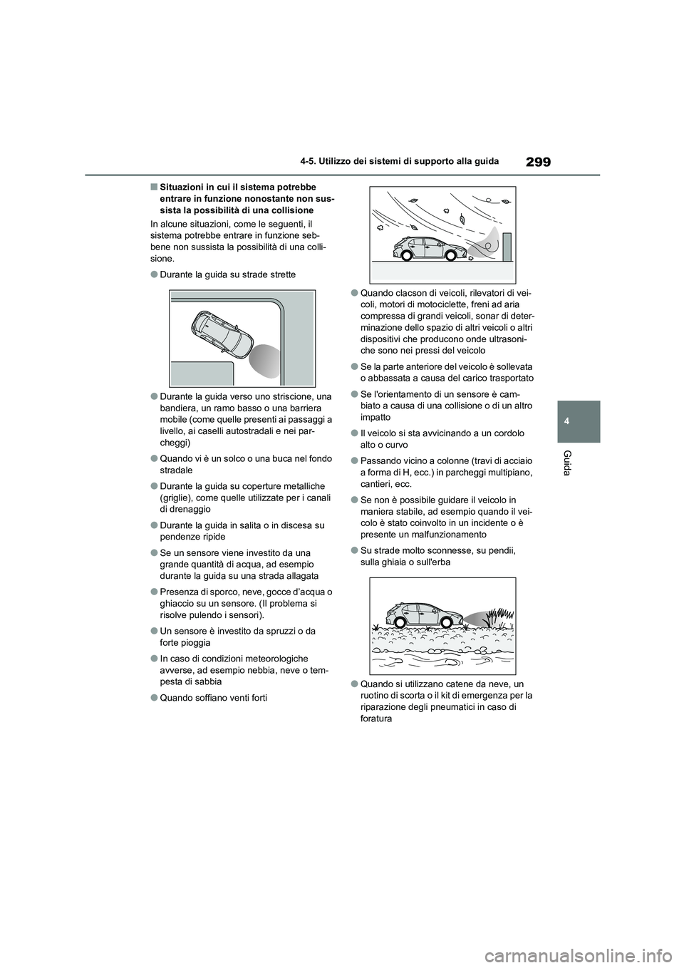 TOYOTA COROLLA HATCHBACK 2022 Manuale duso (in Italian) 299
4
4-5. Utilizzo dei sistemi di supporto alla guida
Guida
■Situazioni in cui il sistema potrebbe entrare in funzione nonostante non sus-
sista la possibilità di una collisione
In alcune situ TOYOTA COROLLA HATCHBACK 2022 Manuale duso (in Italian) 299
4
4-5. Utilizzo dei sistemi di supporto alla guida
Guida
■Situazioni in cui il sistema potrebbe entrare in funzione nonostante non sus-
sista la possibilità di una collisione
In alcune situ