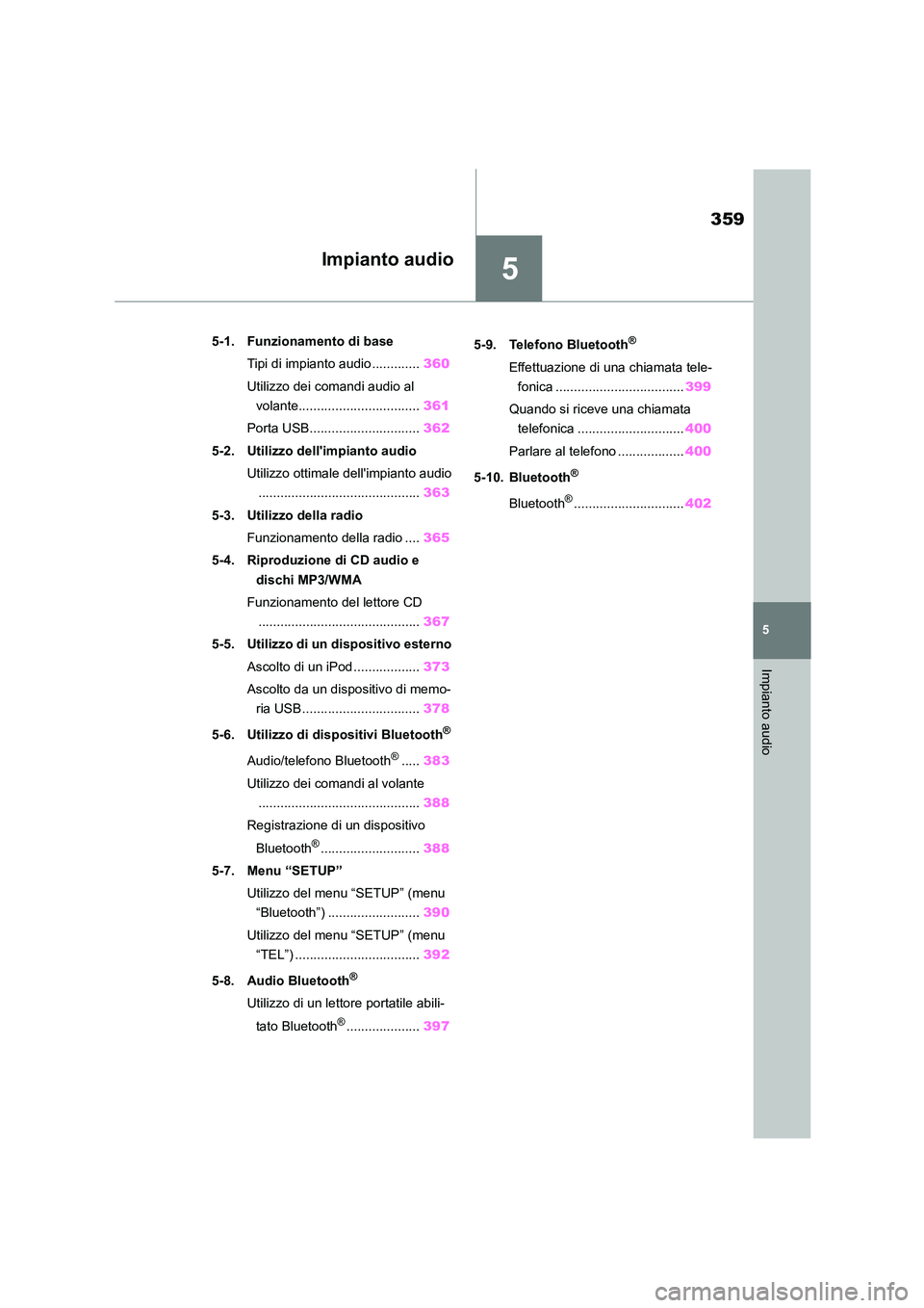 TOYOTA COROLLA HATCHBACK 2022  Manuale duso (in Italian) 5
359
5
Impianto audio
Impianto audio
.5-1. Funzionamento di base 
Tipi di impianto audio............. 360 
Utilizzo dei comandi audio al  
volante................................. 361 
Porta USB.....