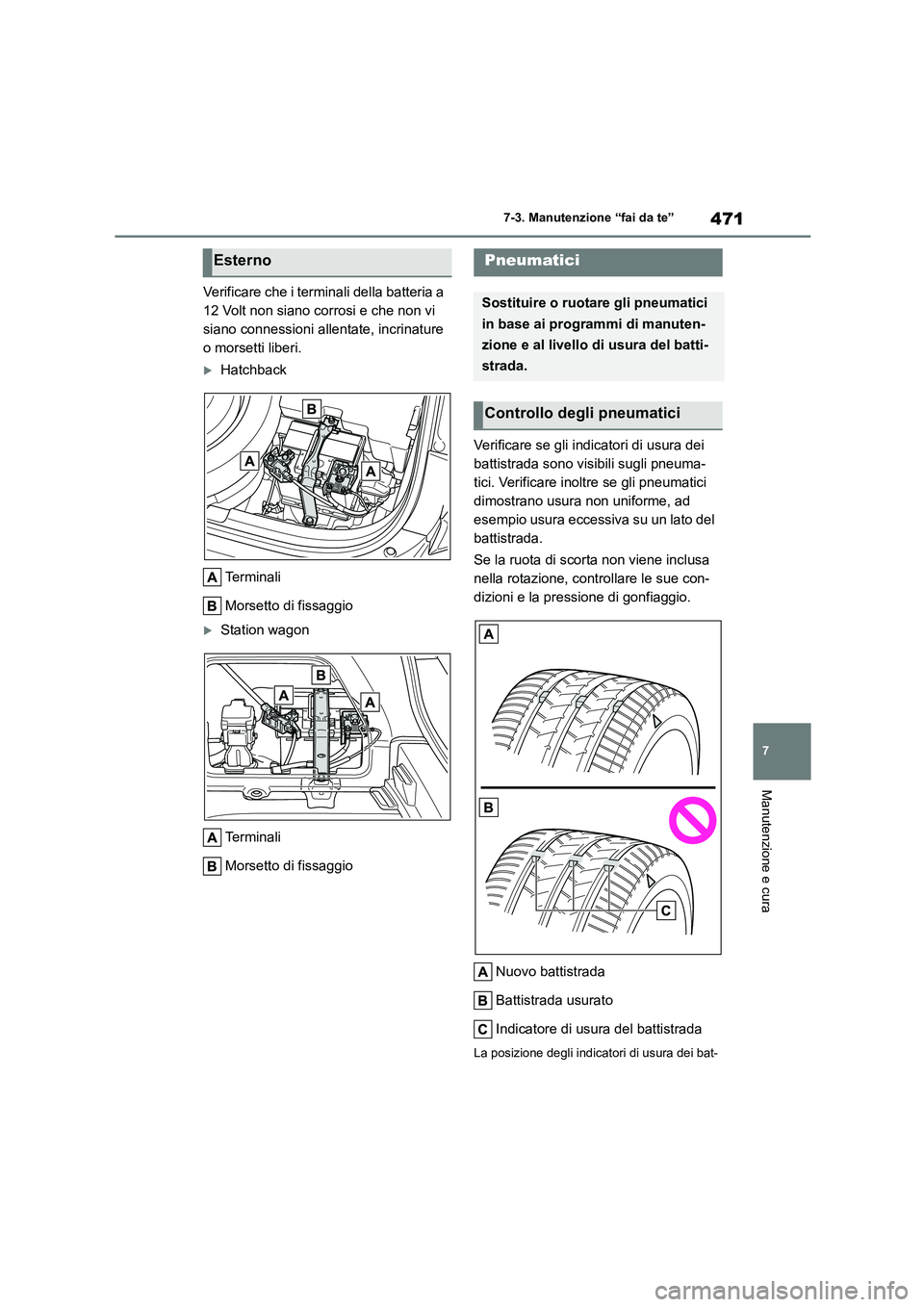 TOYOTA COROLLA HATCHBACK 2022  Manuale duso (in Italian) 471
7 
7-3. Manutenzione “fai da te”
Manutenzione e cura
Verificare che i terminali della batteria a  
12 Volt non siano corrosi e che non vi 
siano connessioni allentate, incrinature 
o morsetti 