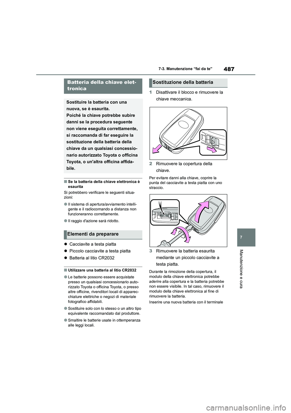 TOYOTA COROLLA HATCHBACK 2022  Manuale duso (in Italian) 487
7 
7-3. Manutenzione “fai da te”
Manutenzione e cura
■Se la batteria della chiave elettronica è  
esaurita 
Si potrebbero verificare le seguenti situa- 
zioni:
●Il sistema di apertura/avv