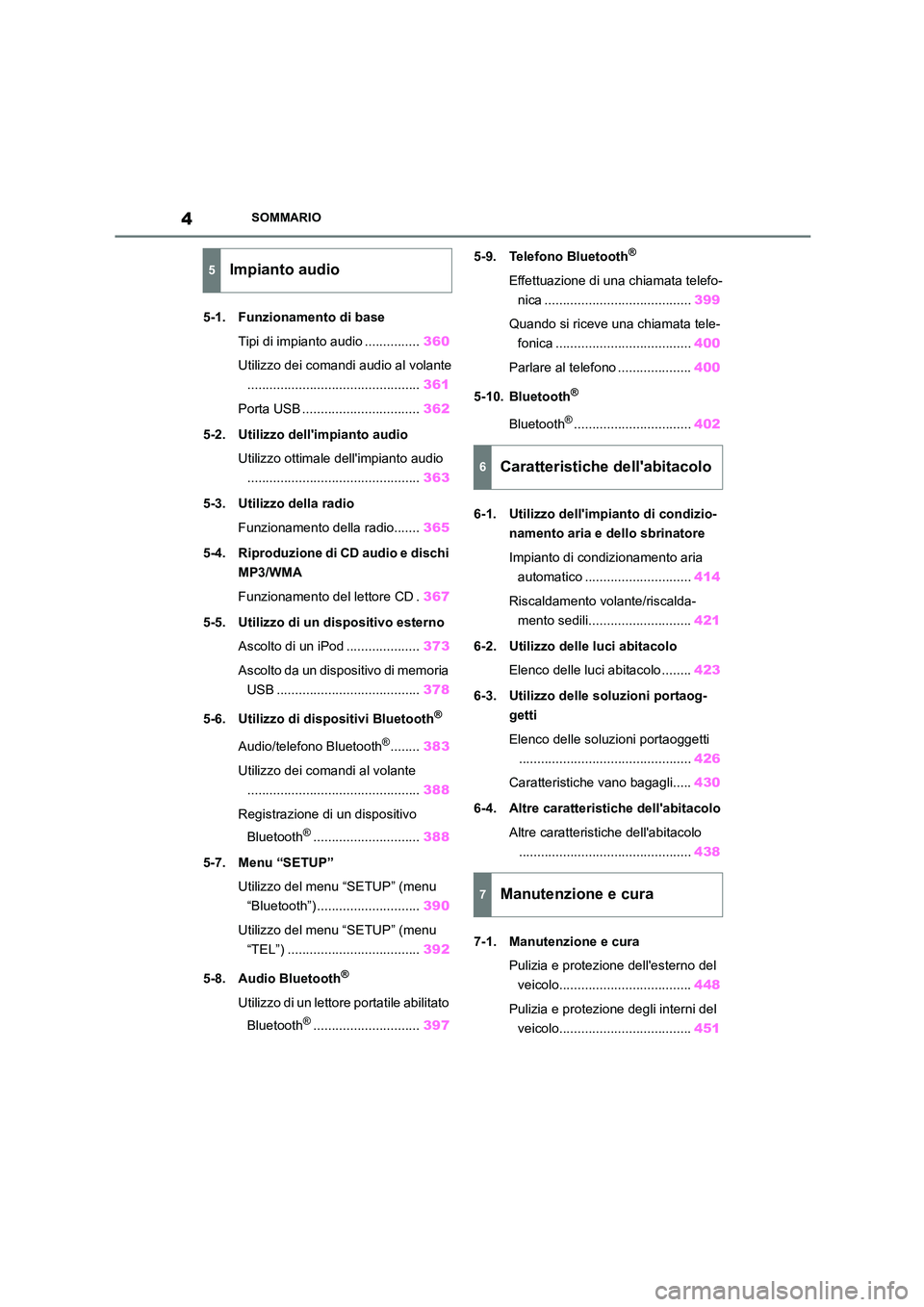 TOYOTA COROLLA HATCHBACK 2022  Manuale duso (in Italian) 4SOMMARIO
5-1. Funzionamento di base 
Tipi di impianto audio ............... 360 
Utilizzo dei comandi audio al volante 
............................................... 361 
Porta USB ................