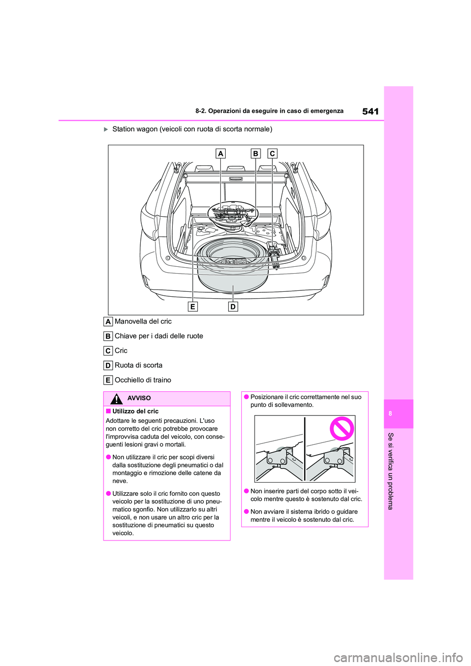 TOYOTA COROLLA HATCHBACK 2022  Manuale duso (in Italian) 541
8 
8-2. Operazioni da eseguire in caso di emergenza
Se si verifica un problema
Station wagon (veicoli con ruota di scorta normale) 
Manovella del cric 
Chiave per i dadi delle ruote 
Cric
Ruota