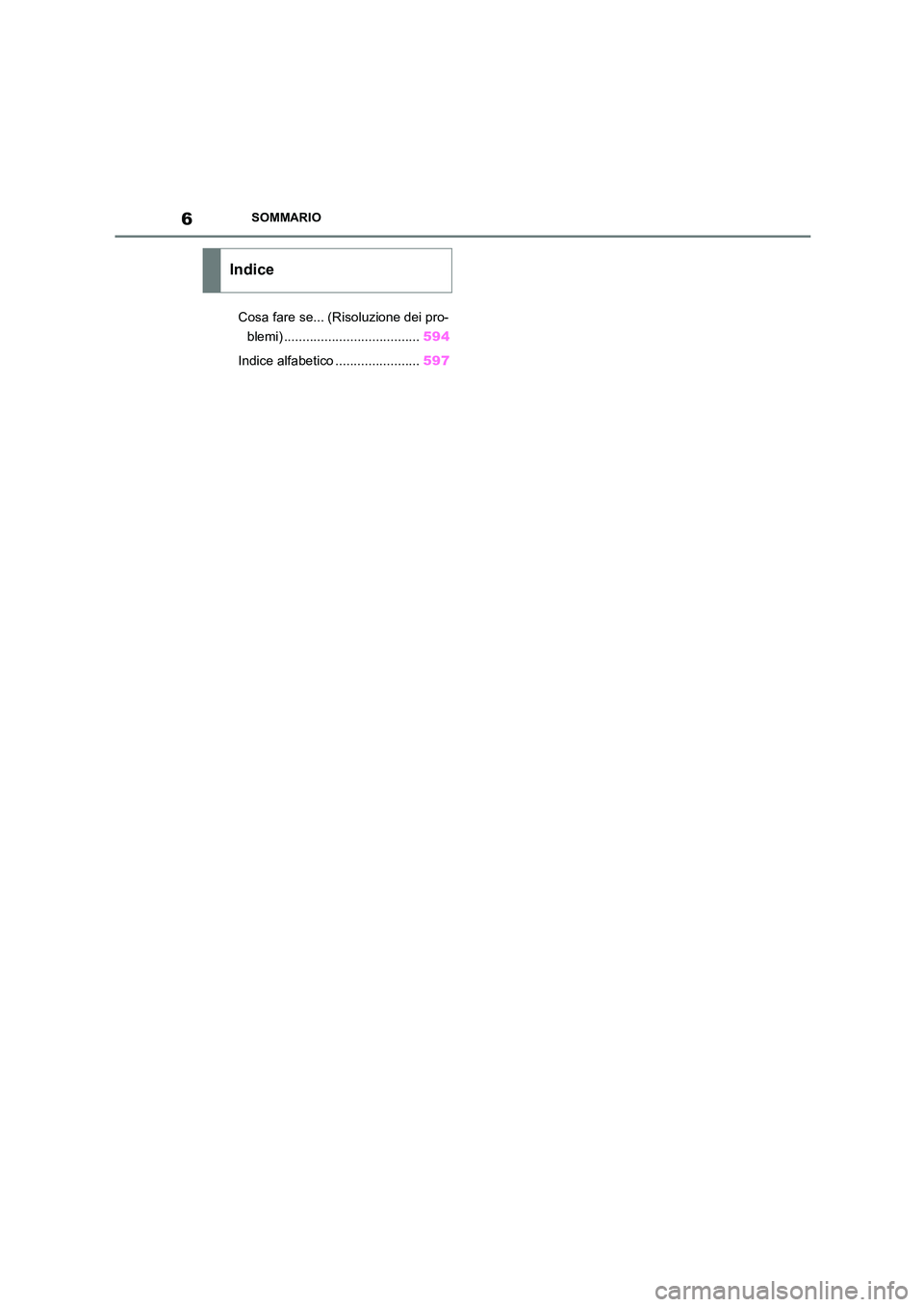 TOYOTA COROLLA HATCHBACK 2022  Manuale duso (in Italian) 6SOMMARIO
Cosa fare se... (Risoluzione dei pro- 
blemi) ..................................... 594 
Indice alfabetico ....................... 597
Indice 