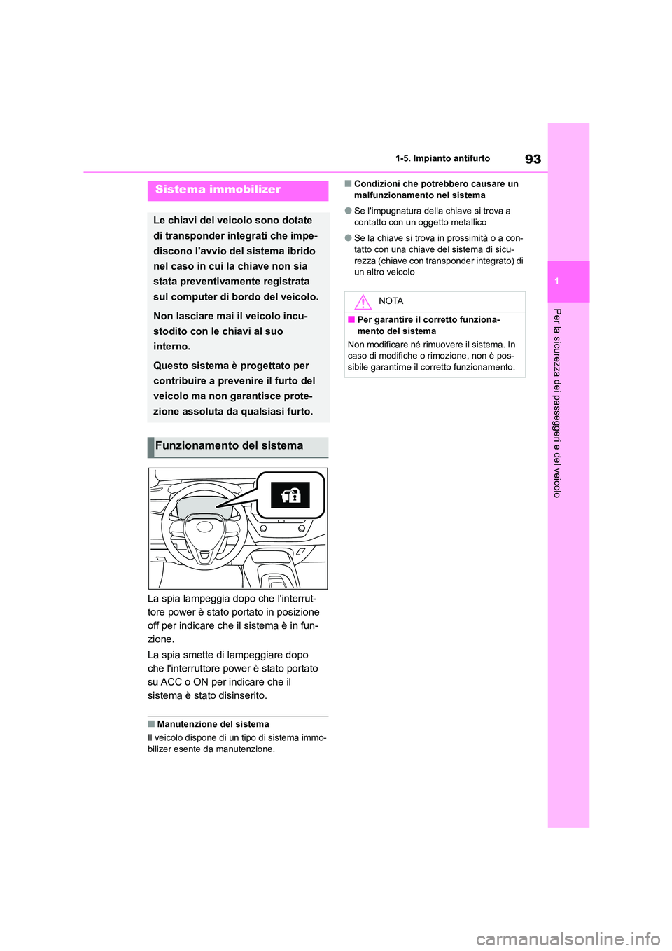 TOYOTA COROLLA HATCHBACK 2022  Manuale duso (in Italian) 93
1 
1-5. Impianto antifurto
Per la sicurezza dei passeggeri e del veicolo
1-5.Impianto antifurto
La spia lampeggia dopo che linterrut- 
tore power è stato portato in posizione 
off per indicare ch