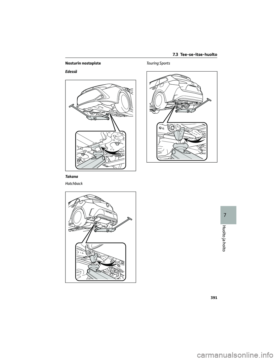 TOYOTA COROLLA HATCHBACK 2022 Omistajan Käsikirja (in Finnish) Nosturin nostopiste
Edessä
Takana
HatchbackTouring Sports
7.3 Tee-se-itse-huolto
391
7
Huolto ja hoito TOYOTA COROLLA HATCHBACK 2022 Omistajan Käsikirja (in Finnish) Nosturin nostopiste
Edessä
Takana
HatchbackTouring Sports
7.3 Tee-se-itse-huolto
391
7
Huolto ja hoito