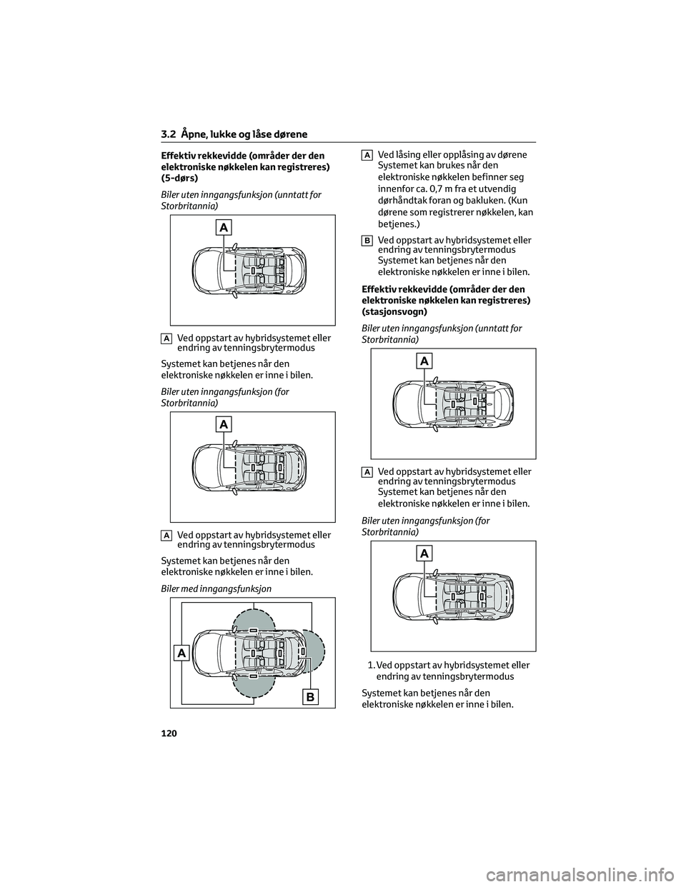 TOYOTA COROLLA HATCHBACK 2022 Instruksjoner for bruk (in Norwegian) Effektiv rekkevidde (områder der den
elektroniske nøkkelen kan registreres)
(5-dørs)
Biler uten inngangsfunksjon (unntatt for
Storbritannia)
AVed oppstart av hybridsystemet eller
endring av tenning TOYOTA COROLLA HATCHBACK 2022 Instruksjoner for bruk (in Norwegian) Effektiv rekkevidde (områder der den
elektroniske nøkkelen kan registreres)
(5-dørs)
Biler uten inngangsfunksjon (unntatt for
Storbritannia)
AVed oppstart av hybridsystemet eller
endring av tenning
