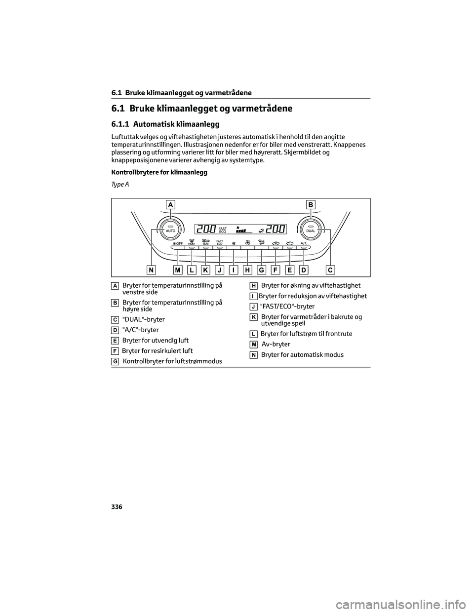 TOYOTA COROLLA HATCHBACK 2022  Instruksjoner for bruk (in Norwegian) 6.1 Bruke klimaanlegget og varmetrådene
6.1.1 Automatisk klimaanlegg
Luftuttak velges og viftehastigheten justeres automatisk i henhold til den angitte
temperaturinnstillingen. Illustrasjonen nedenfo