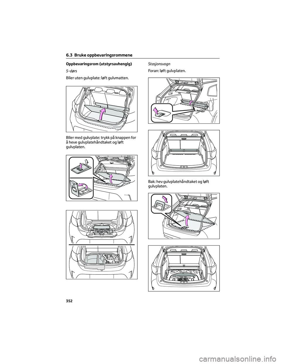 TOYOTA COROLLA HATCHBACK 2022 Instruksjoner for bruk (in Norwegian) Oppbevaringsrom (utstyrsavhengig)
5-dørs
Biler uten gulvplate: løft gulvmatten.
Biler med gulvplate: trykk på knappen for
å heve gulvplatehåndtaket og løft
gulvplaten.Stasjonsvogn
Foran: løft g TOYOTA COROLLA HATCHBACK 2022 Instruksjoner for bruk (in Norwegian) Oppbevaringsrom (utstyrsavhengig)
5-dørs
Biler uten gulvplate: løft gulvmatten.
Biler med gulvplate: trykk på knappen for
å heve gulvplatehåndtaket og løft
gulvplaten.Stasjonsvogn
Foran: løft g