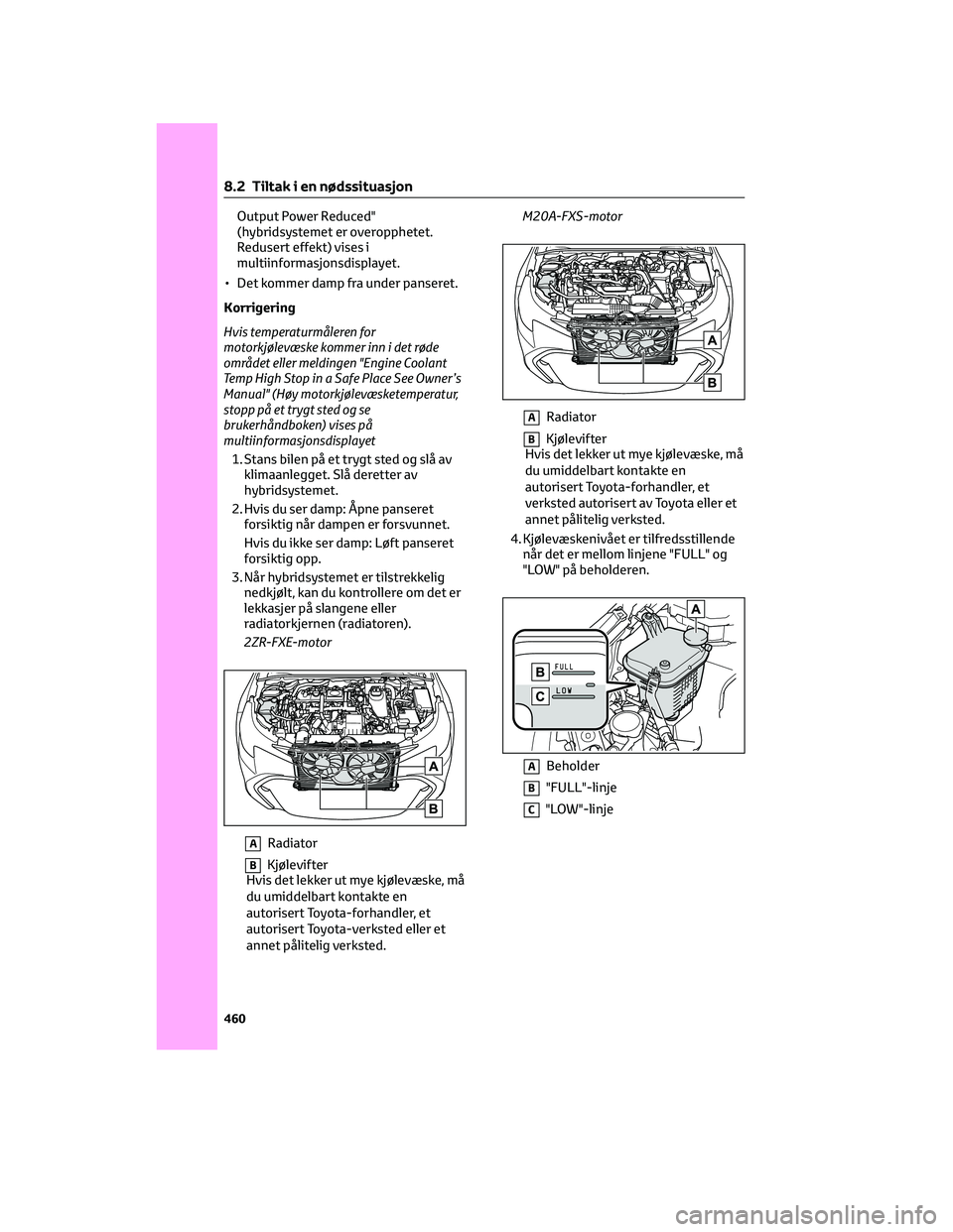 TOYOTA COROLLA HATCHBACK 2022 Instruksjoner for bruk (in Norwegian) Output Power Reduced"
(hybridsystemet er overopphetet.
Redusert effekt) vises i
multiinformasjonsdisplayet.
• Det kommer damp fra under panseret.
Korrigering
Hvis temperaturmåleren for
motorkjà TOYOTA COROLLA HATCHBACK 2022 Instruksjoner for bruk (in Norwegian) Output Power Reduced"
(hybridsystemet er overopphetet.
Redusert effekt) vises i
multiinformasjonsdisplayet.
• Det kommer damp fra under panseret.
Korrigering
Hvis temperaturmåleren for
motorkjÃ
