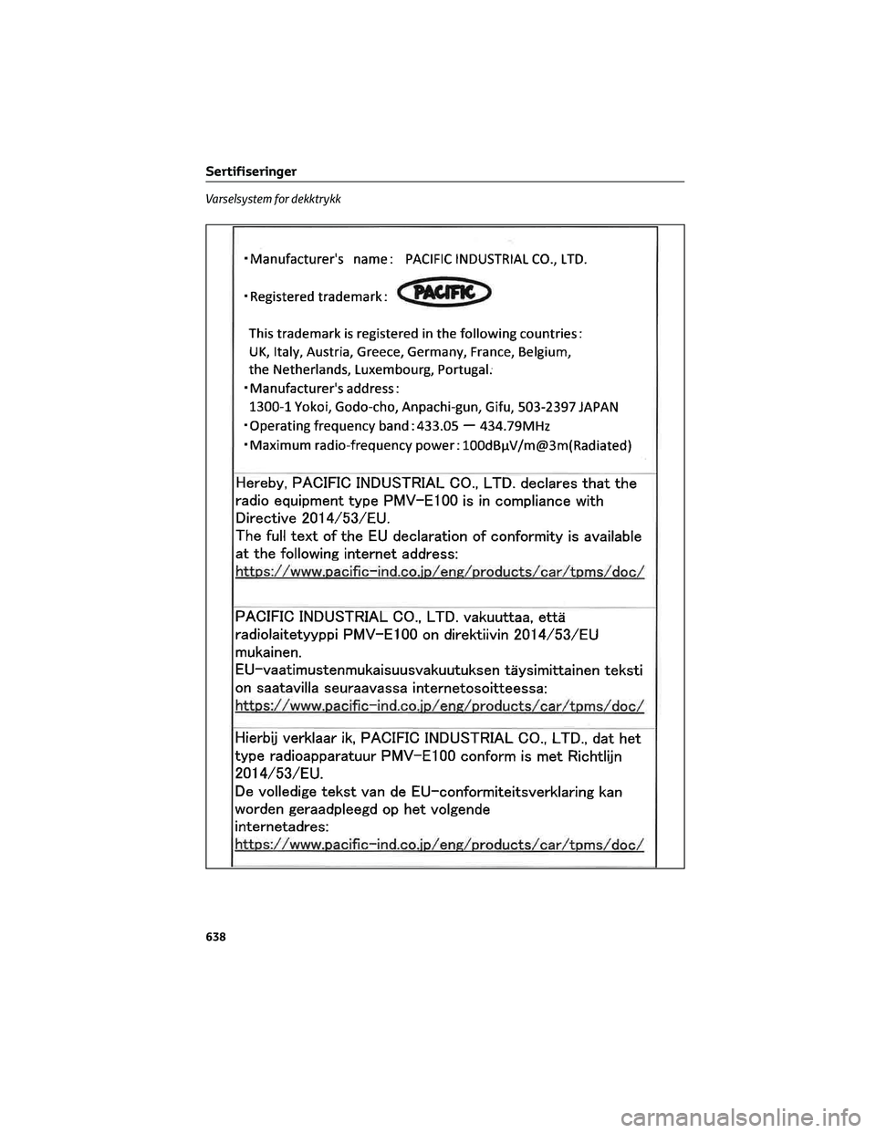 TOYOTA COROLLA HATCHBACK 2022 Instruksjoner for bruk (in Norwegian) Varselsystem for dekktrykk
Sertifiseringer
638 TOYOTA COROLLA HATCHBACK 2022 Instruksjoner for bruk (in Norwegian) Varselsystem for dekktrykk
Sertifiseringer
638