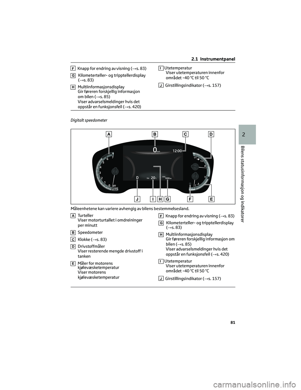 TOYOTA COROLLA HATCHBACK 2022 Instruksjoner for bruk (in Norwegian) FKnapp for endring av visning (→s. 83)
GKilometerteller- og tripptellerdisplay
(→s. 83)
HMultiinformasjonsdisplay
Gir føreren forskjellig informasjon
om bilen (→s. 85)
Viser advarselsmeldinger TOYOTA COROLLA HATCHBACK 2022 Instruksjoner for bruk (in Norwegian) FKnapp for endring av visning (→s. 83)
GKilometerteller- og tripptellerdisplay
(→s. 83)
HMultiinformasjonsdisplay
Gir føreren forskjellig informasjon
om bilen (→s. 85)
Viser advarselsmeldinger