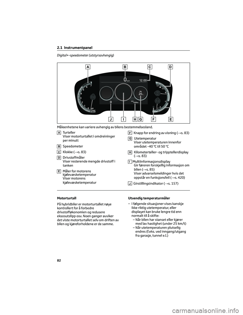 TOYOTA COROLLA HATCHBACK 2022 Instruksjoner for bruk (in Norwegian) Digital+-speedometer (utstyrsavhengig)
ATurteller
Viser motorturtallet i omdreininger
per minutt
BSpeedometer
CKlokke (→s. 83)
DDrivstoffmåler
Viser resterende mengde drivstoff i
tanken
EMåler for TOYOTA COROLLA HATCHBACK 2022 Instruksjoner for bruk (in Norwegian) Digital+-speedometer (utstyrsavhengig)
ATurteller
Viser motorturtallet i omdreininger
per minutt
BSpeedometer
CKlokke (→s. 83)
DDrivstoffmåler
Viser resterende mengde drivstoff i
tanken
EMåler for