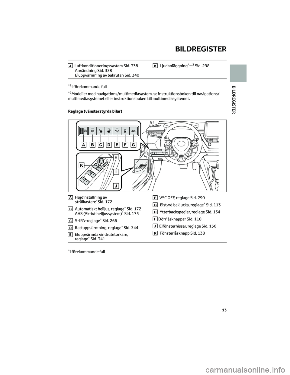 TOYOTA COROLLA HATCHBACK 2022 Bruksanvisningar (in Swedish) JLuftkonditioneringssystem Sid. 338
Användning Sid. 338
Eluppvärmning av bakrutan Sid. 340KLjudanläggning*1, 2Sid. 298
*1I förekommande fall
*2Modeller med navigations/multimediasystem, se instruk TOYOTA COROLLA HATCHBACK 2022 Bruksanvisningar (in Swedish) JLuftkonditioneringssystem Sid. 338
Användning Sid. 338
Eluppvärmning av bakrutan Sid. 340KLjudanläggning*1, 2Sid. 298
*1I förekommande fall
*2Modeller med navigations/multimediasystem, se instruk