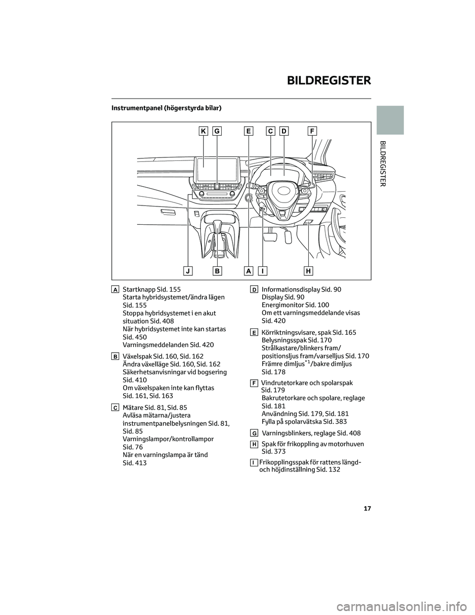TOYOTA COROLLA HATCHBACK 2022 Bruksanvisningar (in Swedish) Instrumentpanel (högerstyrda bilar)
AStartknapp Sid. 155
Starta hybridsystemet/ändra lägen
Sid. 155
Stoppa hybridsystemet i en akut
situation Sid. 408
När hybridsystemet inte kan startas
Sid. 450
TOYOTA COROLLA HATCHBACK 2022 Bruksanvisningar (in Swedish) Instrumentpanel (högerstyrda bilar)
AStartknapp Sid. 155
Starta hybridsystemet/ändra lägen
Sid. 155
Stoppa hybridsystemet i en akut
situation Sid. 408
När hybridsystemet inte kan startas
Sid. 450